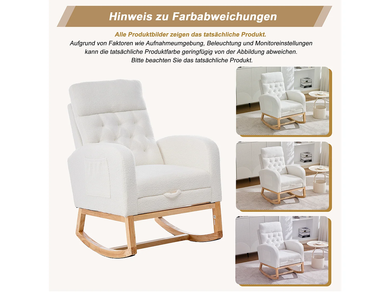 Fauteuil à bascule avec repose-pieds réglable, accoudoirs et poches latérales - Bois/peluche/éponge - 65,6 x 123 x 102 cm - Blanc