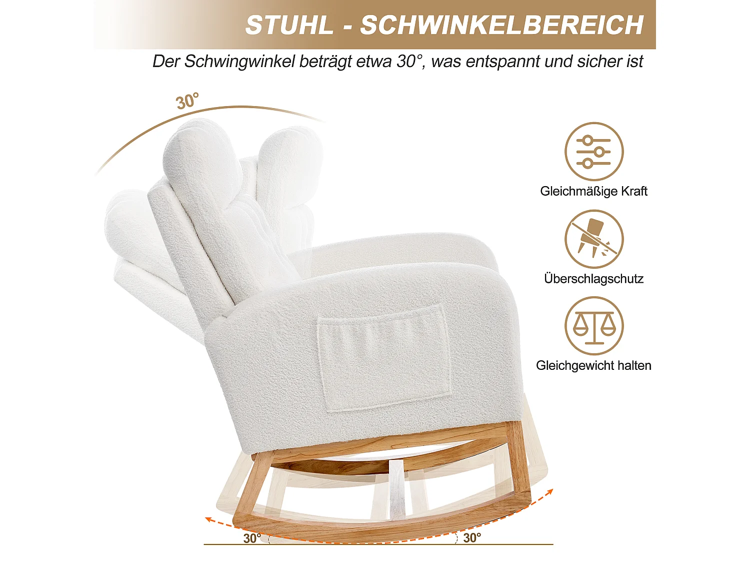 Fauteuil à bascule avec repose-pieds réglable, accoudoirs et poches latérales - Bois/peluche/éponge - 65,6 x 123 x 102 cm - Blanc