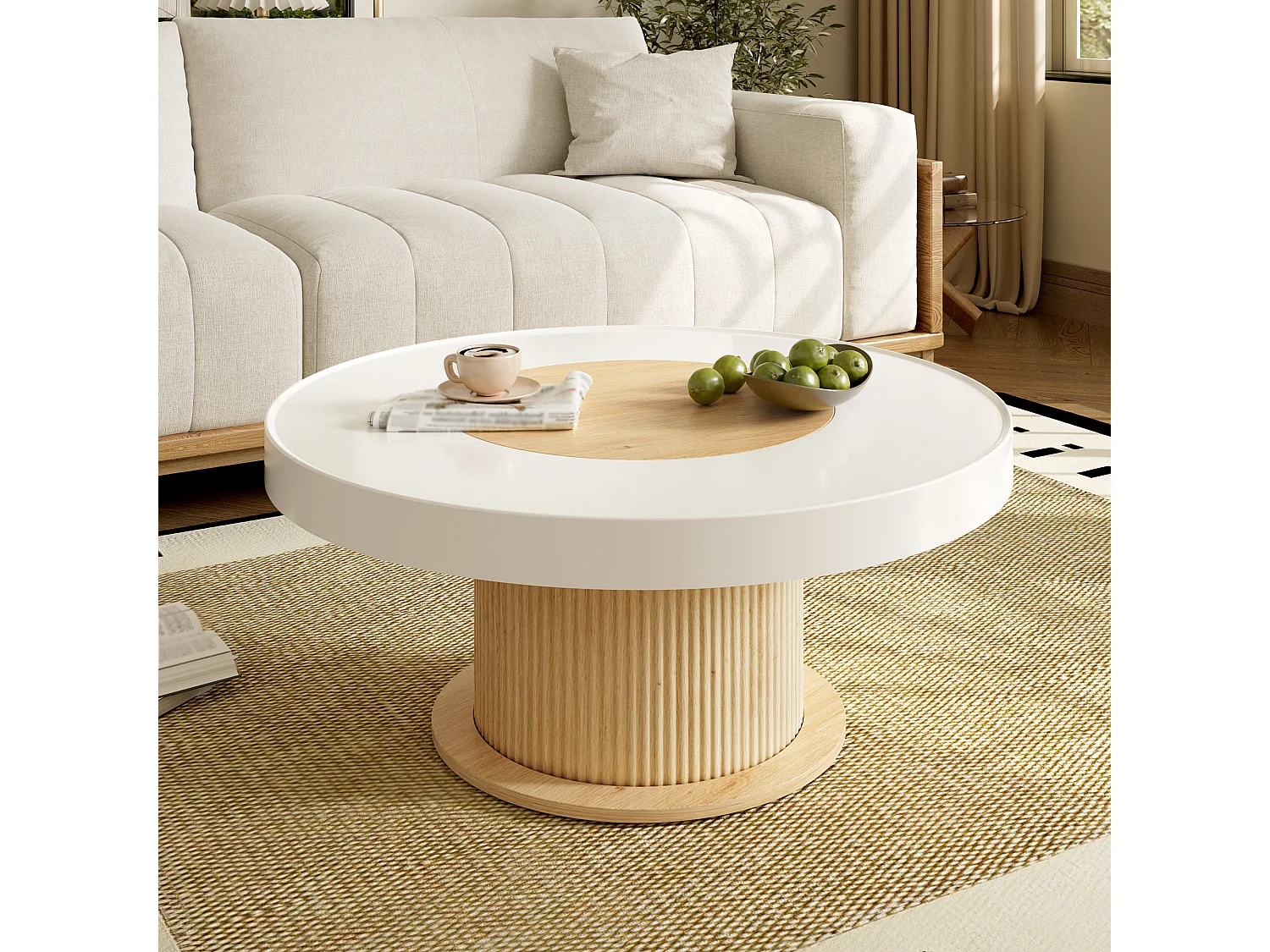 Ronde salontafel met gegroefde cilindrische voet en tweekleurig blad - MDF + PVC - 75 x 75 x 39 cm - Wit en naturel hout