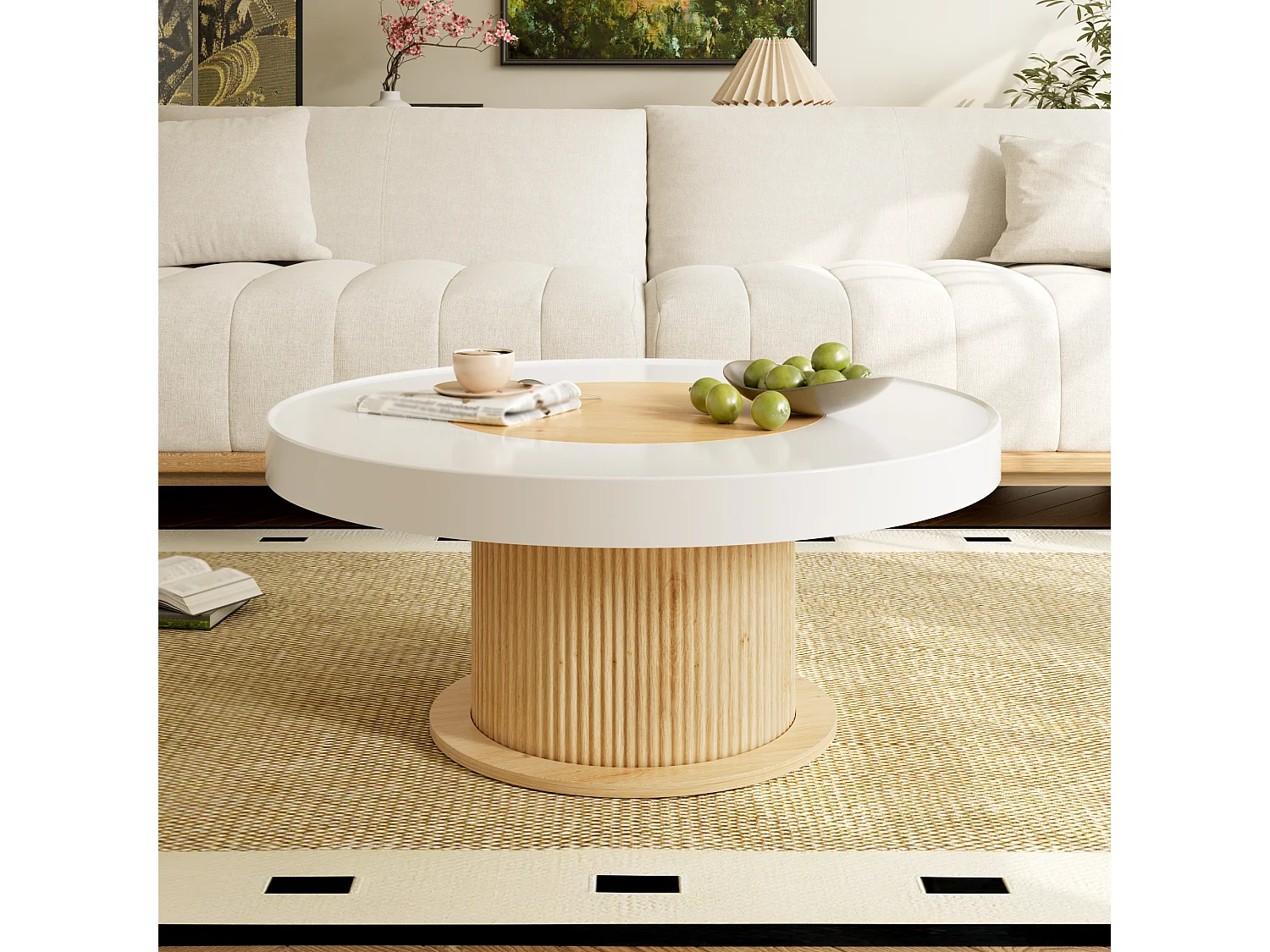 Ronde salontafel met gegroefde cilindrische voet en tweekleurig blad - MDF + PVC - 75 x 75 x 39 cm - Wit en naturel hout