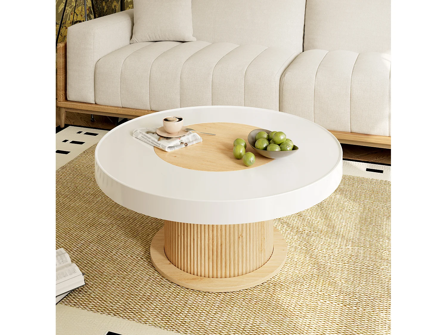 Ronde salontafel met gegroefde cilindrische voet en tweekleurig blad - MDF + PVC - 75 x 75 x 39 cm - Wit en naturel hout