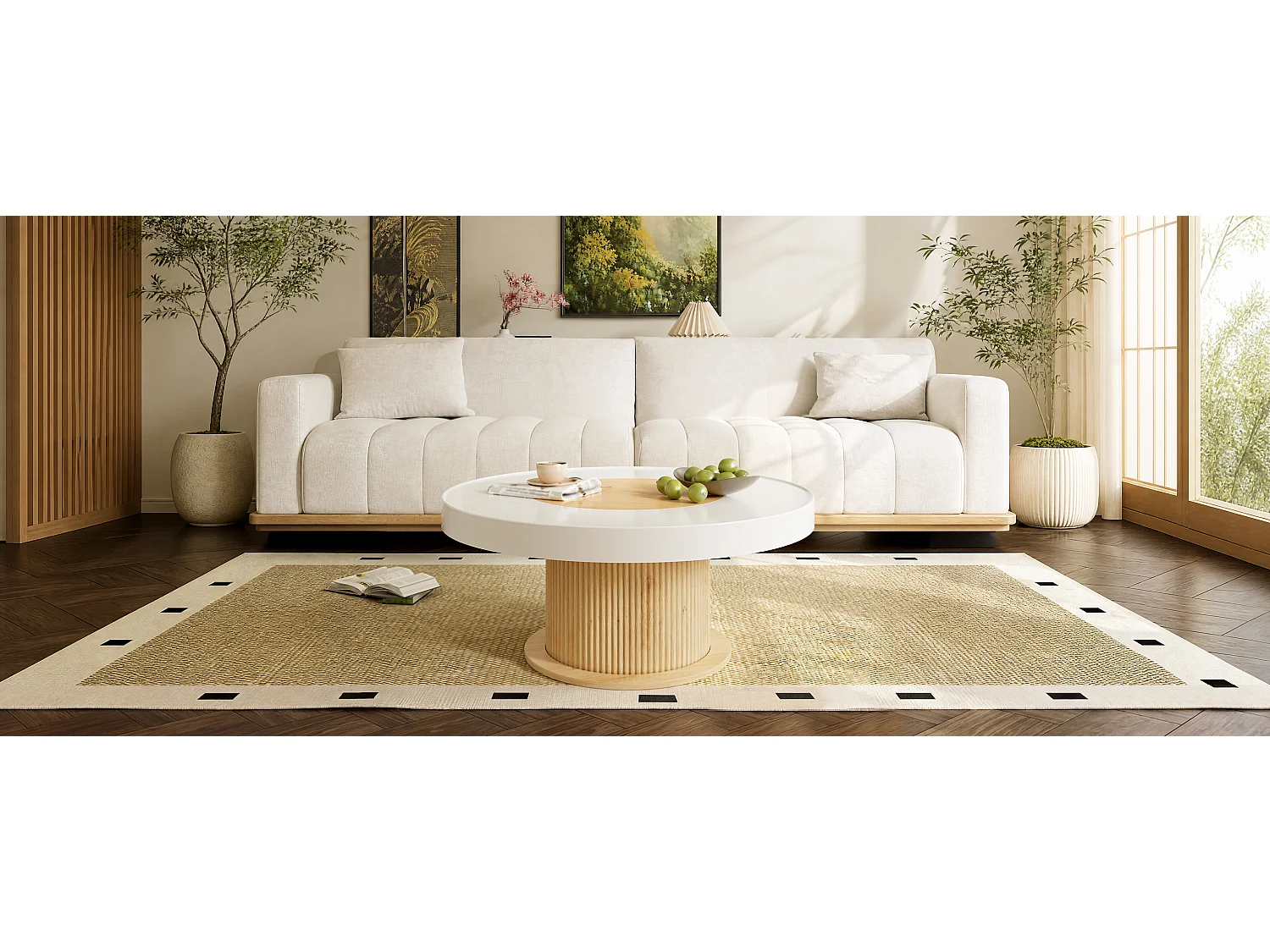 Ronde salontafel met gegroefde cilindrische voet en tweekleurig blad - MDF + PVC - 75 x 75 x 39 cm - Wit en naturel hout