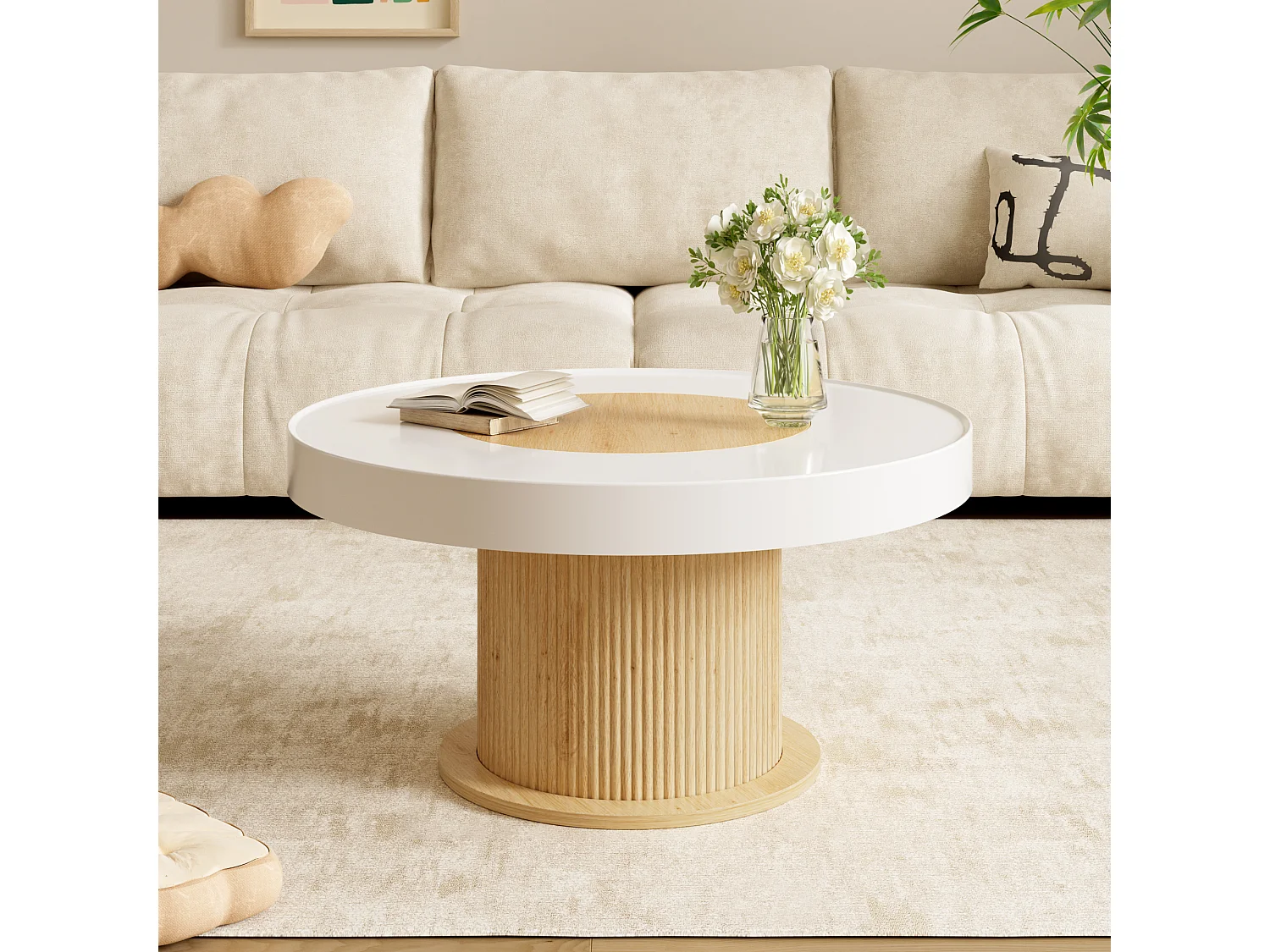Ronde salontafel met gegroefde cilindrische voet en tweekleurig blad - MDF + PVC - 75 x 75 x 39 cm - Wit en naturel hout