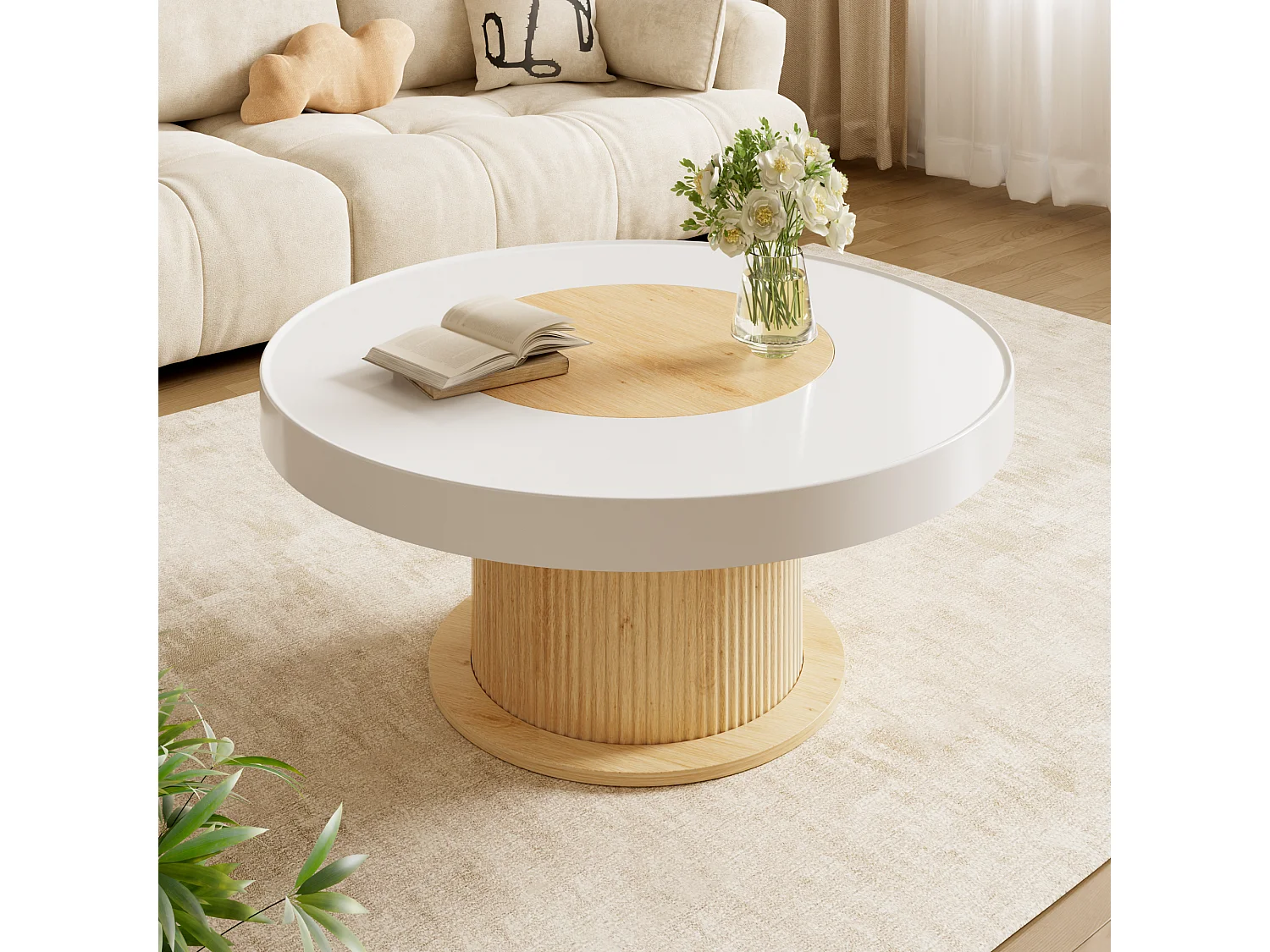 Ronde salontafel met gegroefde cilindrische voet en tweekleurig blad - MDF + PVC - 75 x 75 x 39 cm - Wit en naturel hout