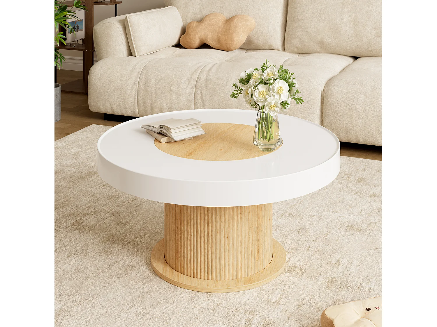 Ronde salontafel met gegroefde cilindrische voet en tweekleurig blad - MDF + PVC - 75 x 75 x 39 cm - Wit en naturel hout