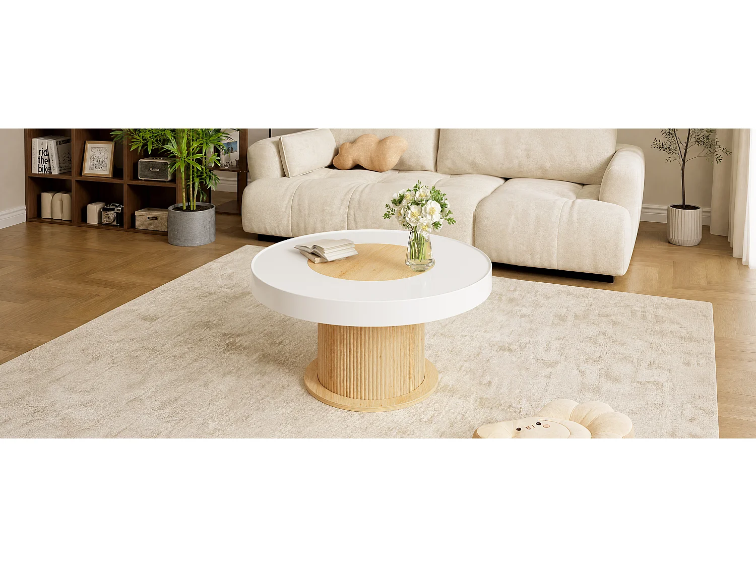 Ronde salontafel met gegroefde cilindrische voet en tweekleurig blad - MDF + PVC - 75 x 75 x 39 cm - Wit en naturel hout