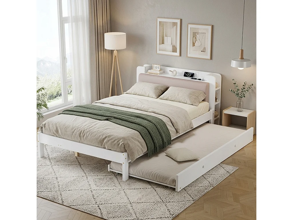 Lit gigogne 120 x 200 cm + 90 x 190 cm avec étagère intégrée, prises, couchage d’appoint réversible – Pin + MDF – Blanc (Sans matelas)