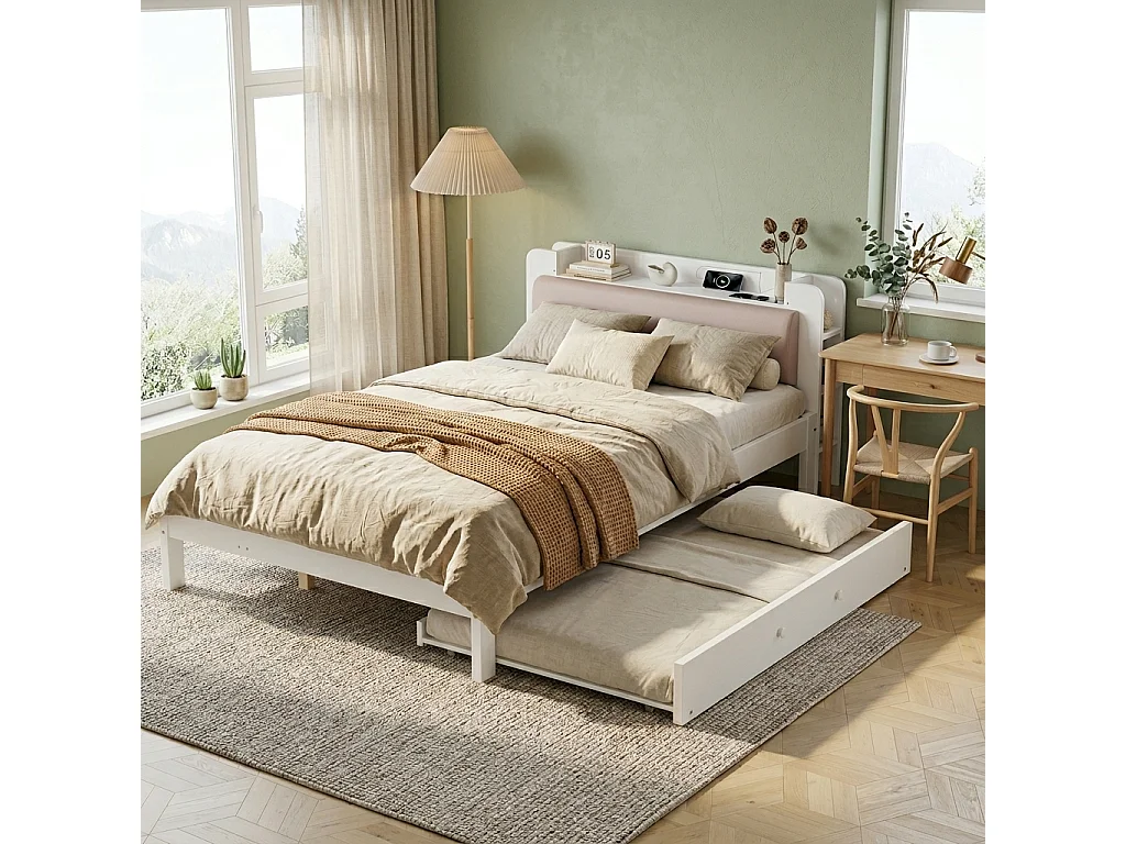 Lit gigogne 120 x 200 cm + 90 x 190 cm avec étagère intégrée, prises, couchage d’appoint réversible – Pin + MDF – Blanc (Sans matelas)
