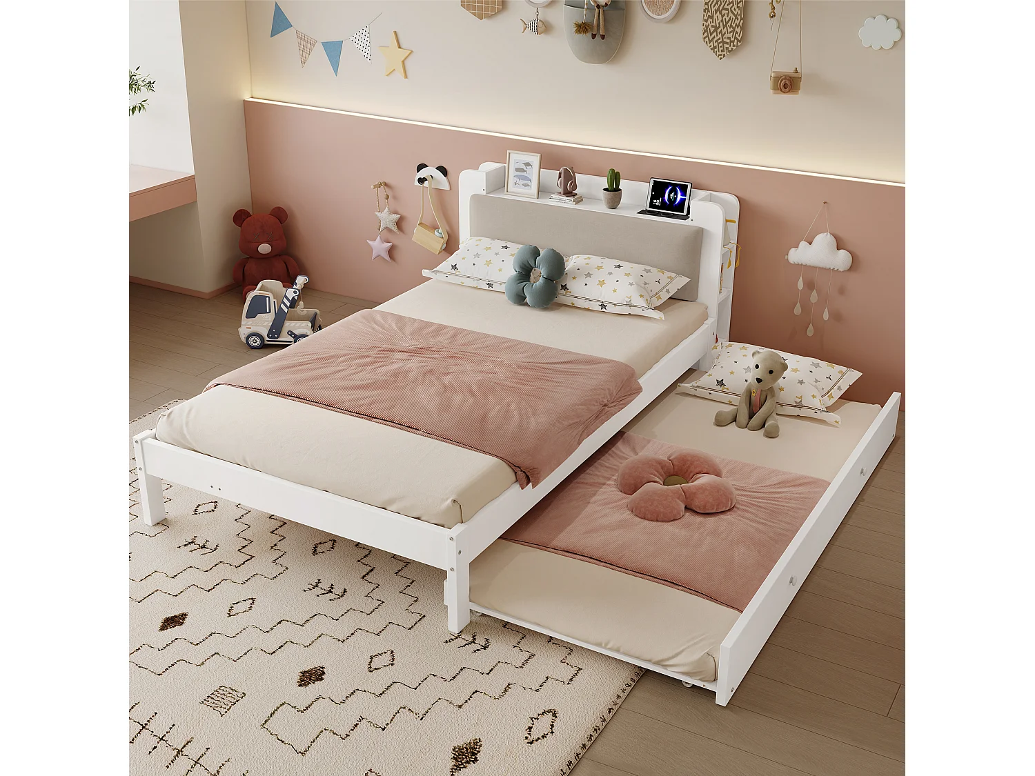 Lit gigogne 120 x 200 cm + 90 x 190 cm avec étagère intégrée, prises, couchage d’appoint réversible – Pin + MDF – Blanc (Sans matelas)