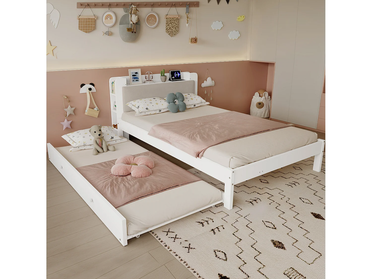 Lit gigogne 120 x 200 cm + 90 x 190 cm avec étagère intégrée, prises, couchage d’appoint réversible – Pin + MDF – Blanc (Sans matelas)