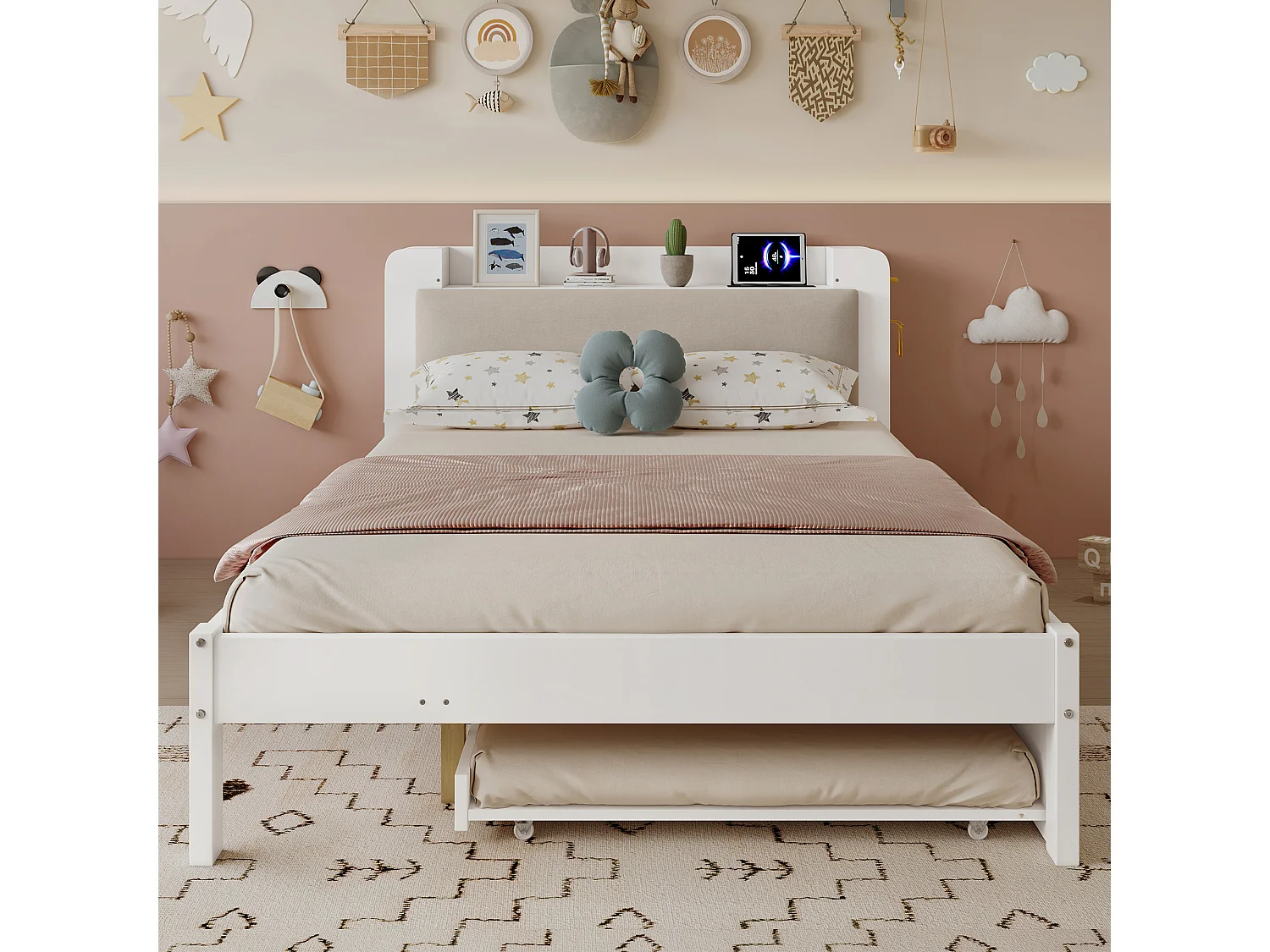 Lit gigogne 120 x 200 cm + 90 x 190 cm avec étagère intégrée, prises, couchage d’appoint réversible – Pin + MDF – Blanc (Sans matelas)