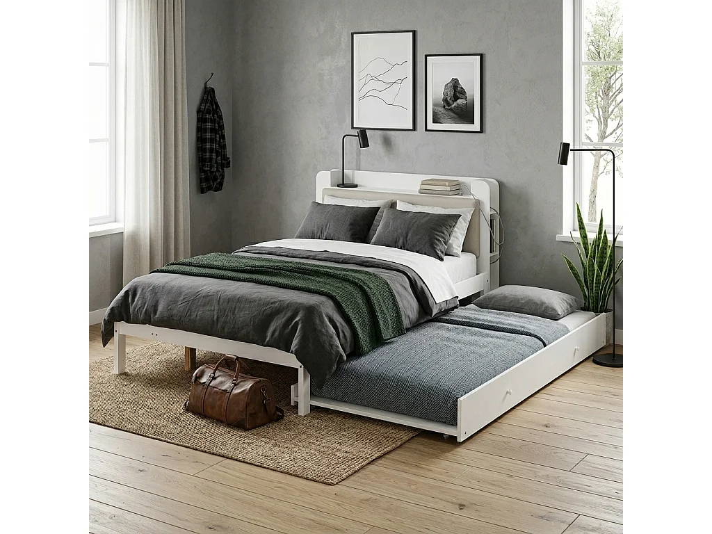 Lit gigogne 120 x 200 cm + 90 x 190 cm avec étagère intégrée, prises, couchage d’appoint réversible – Pin + MDF – Blanc (Sans matelas)
