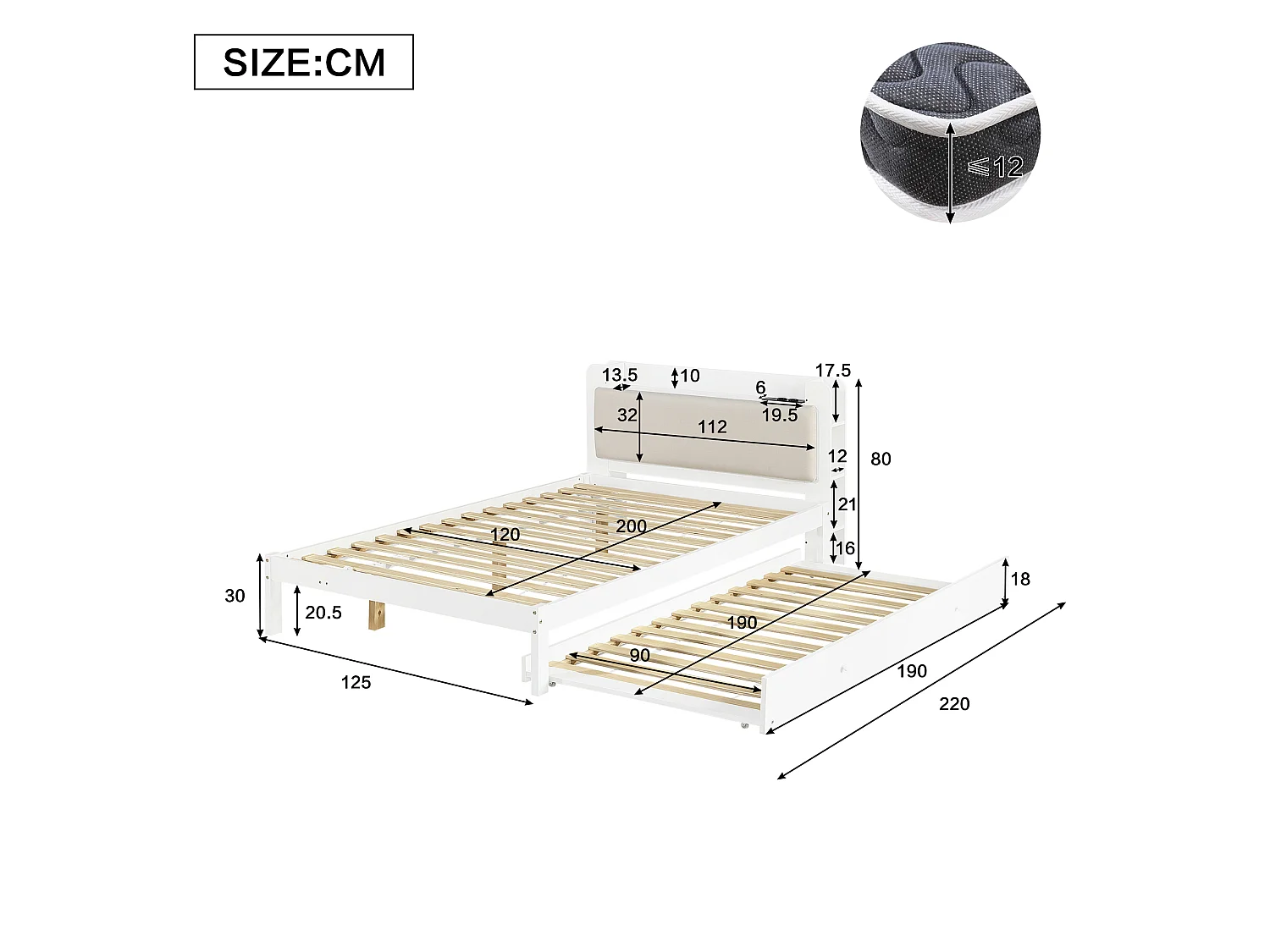 Lit gigogne 120 x 200 cm + 90 x 190 cm avec étagère intégrée, prises, couchage d’appoint réversible – Pin + MDF – Blanc (Sans matelas)