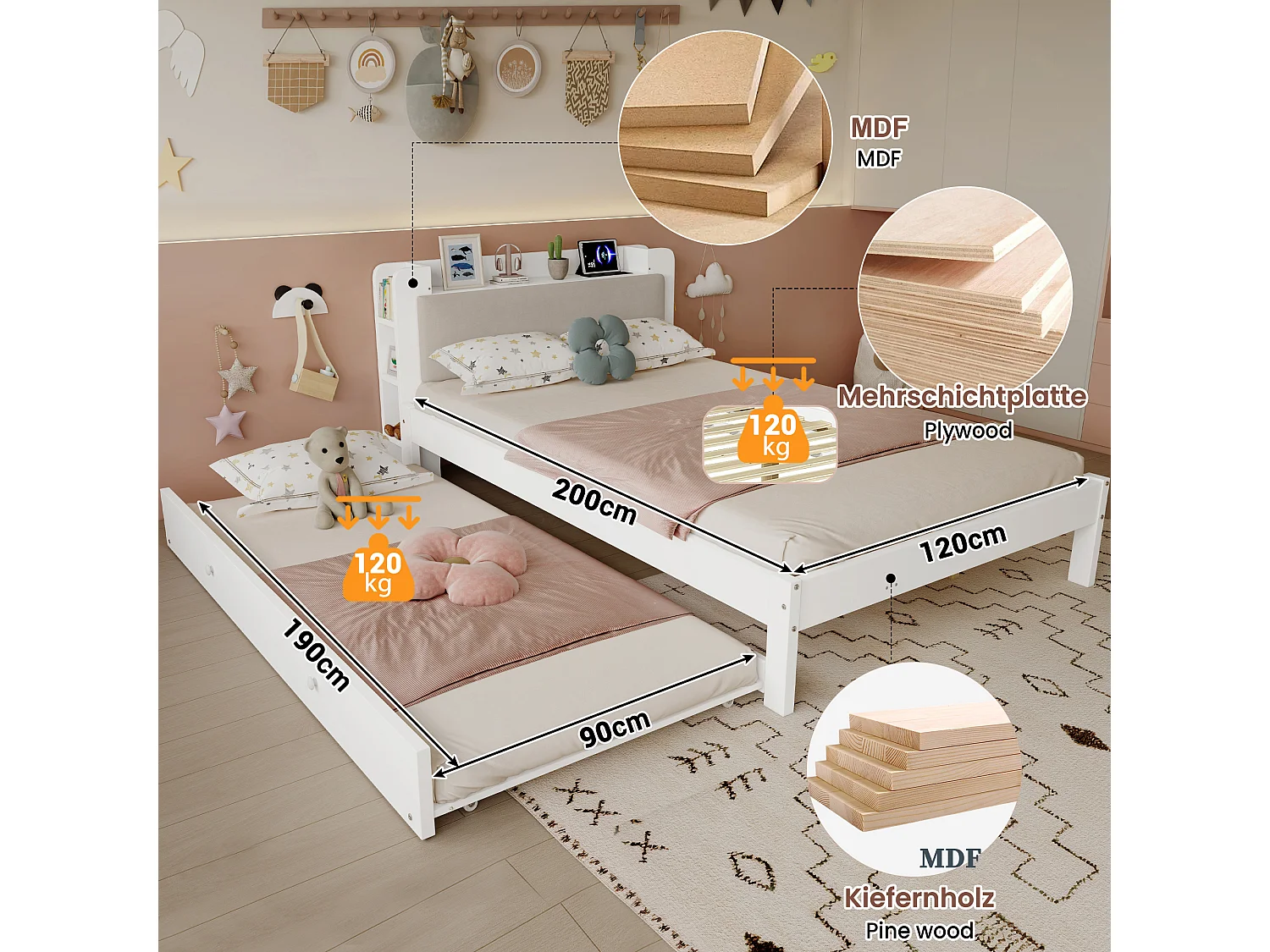 Lit gigogne 120 x 200 cm + 90 x 190 cm avec étagère intégrée, prises, couchage d’appoint réversible – Pin + MDF – Blanc (Sans matelas)