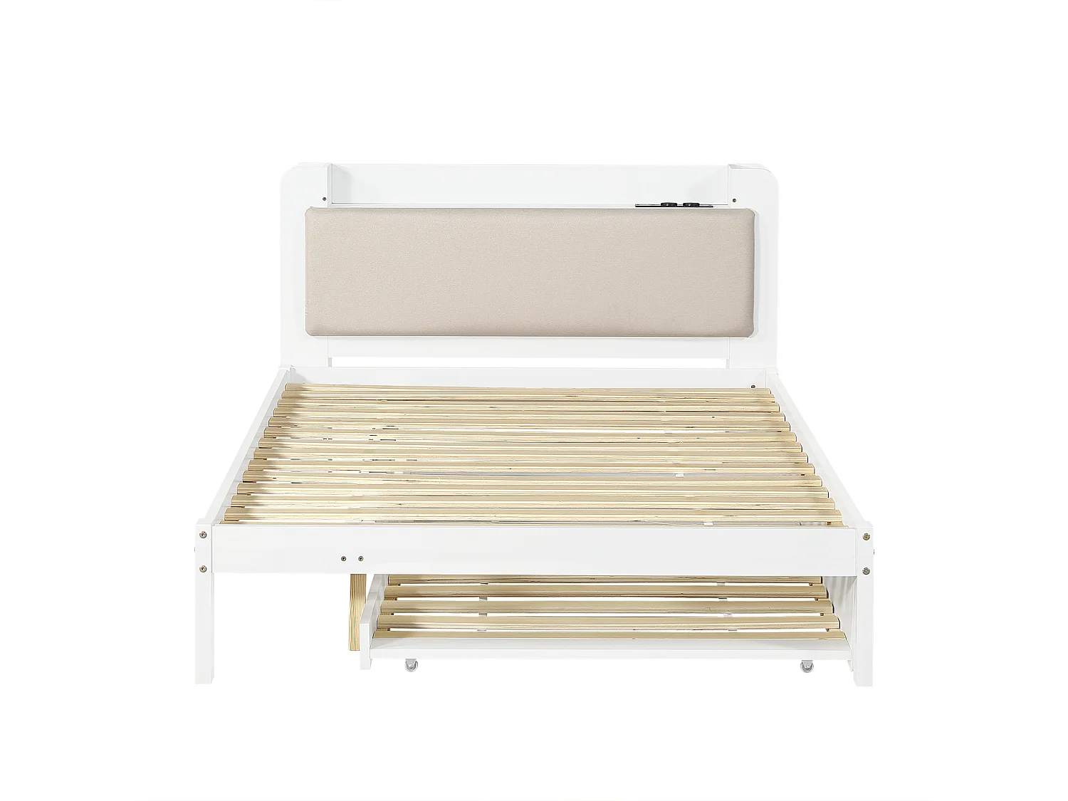 Lit gigogne 120 x 200 cm + 90 x 190 cm avec étagère intégrée, prises, couchage d’appoint réversible – Pin + MDF – Blanc (Sans matelas)