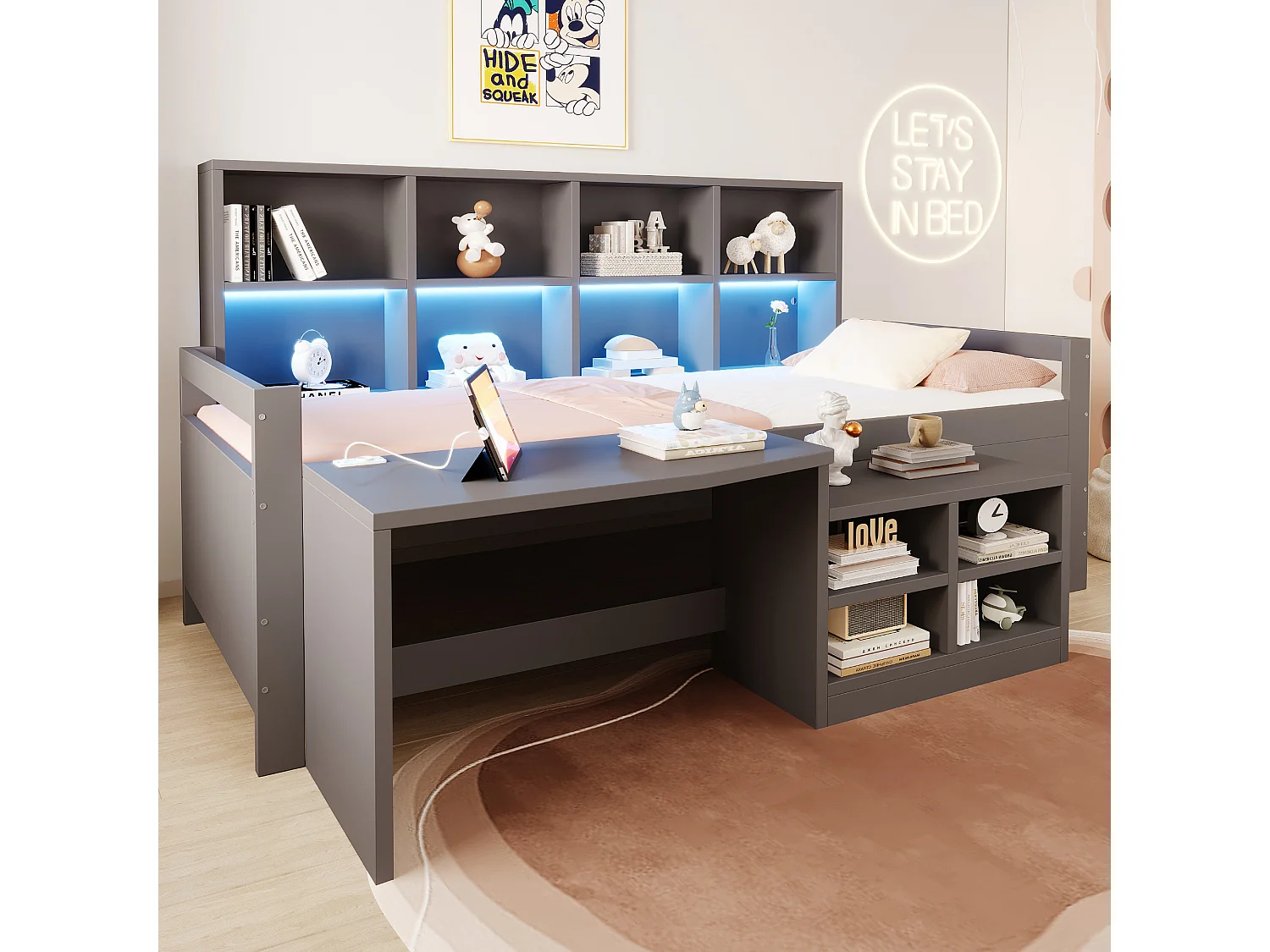 Letto multifunzionale 90 x 200 cm con scrivania, contenitore, LED, USB e presa elettrica – Pino/MDF – Grigio (Materasso non incluso)