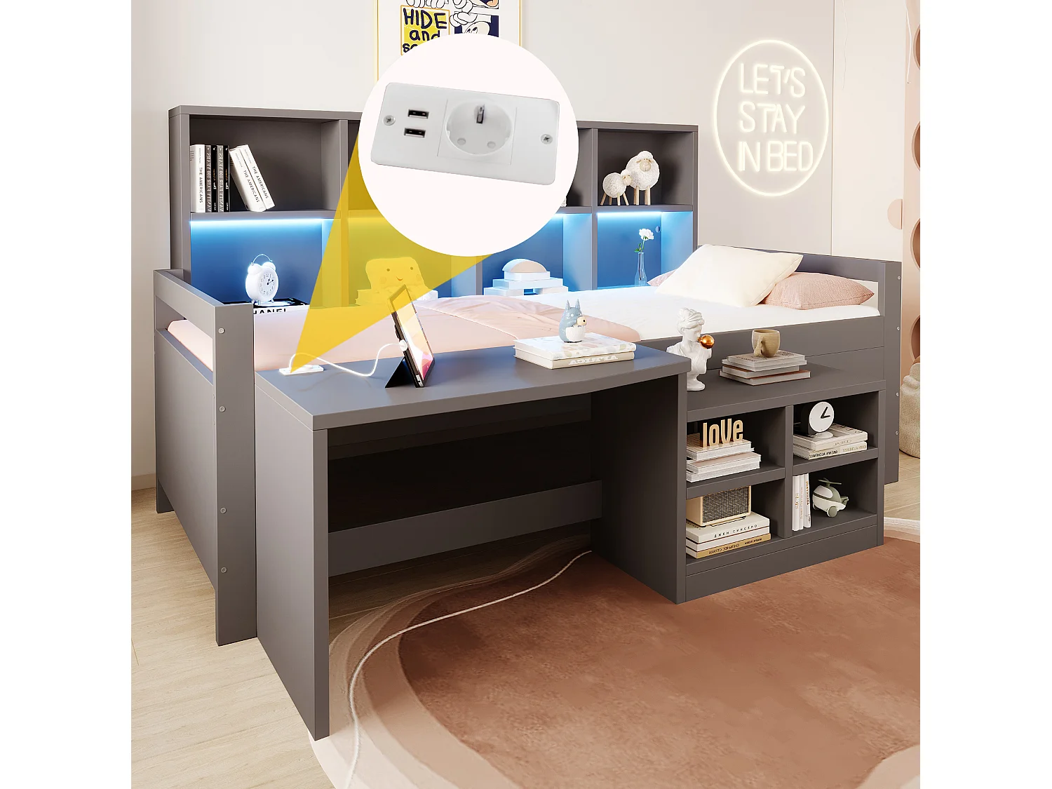 Letto multifunzionale 90 x 200 cm con scrivania, contenitore, LED, USB e presa elettrica – Pino/MDF – Grigio (Materasso non incluso)
