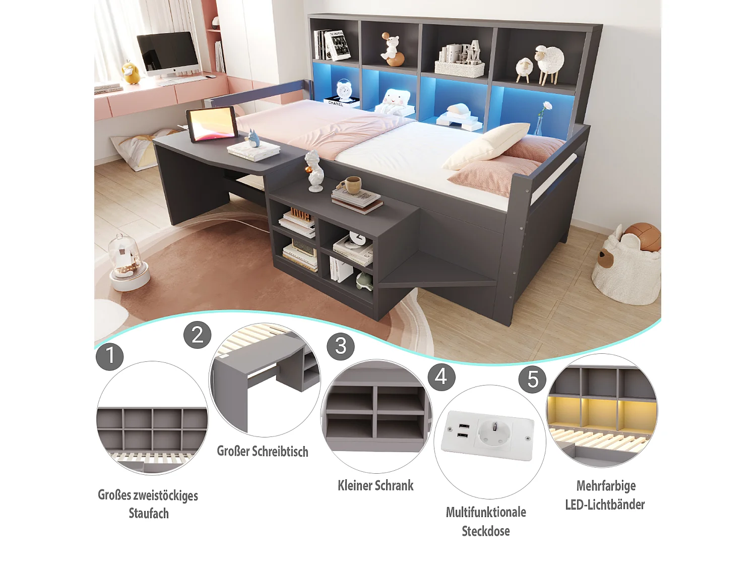 Letto multifunzionale 90 x 200 cm con scrivania, contenitore, LED, USB e presa elettrica – Pino/MDF – Grigio (Materasso non incluso)