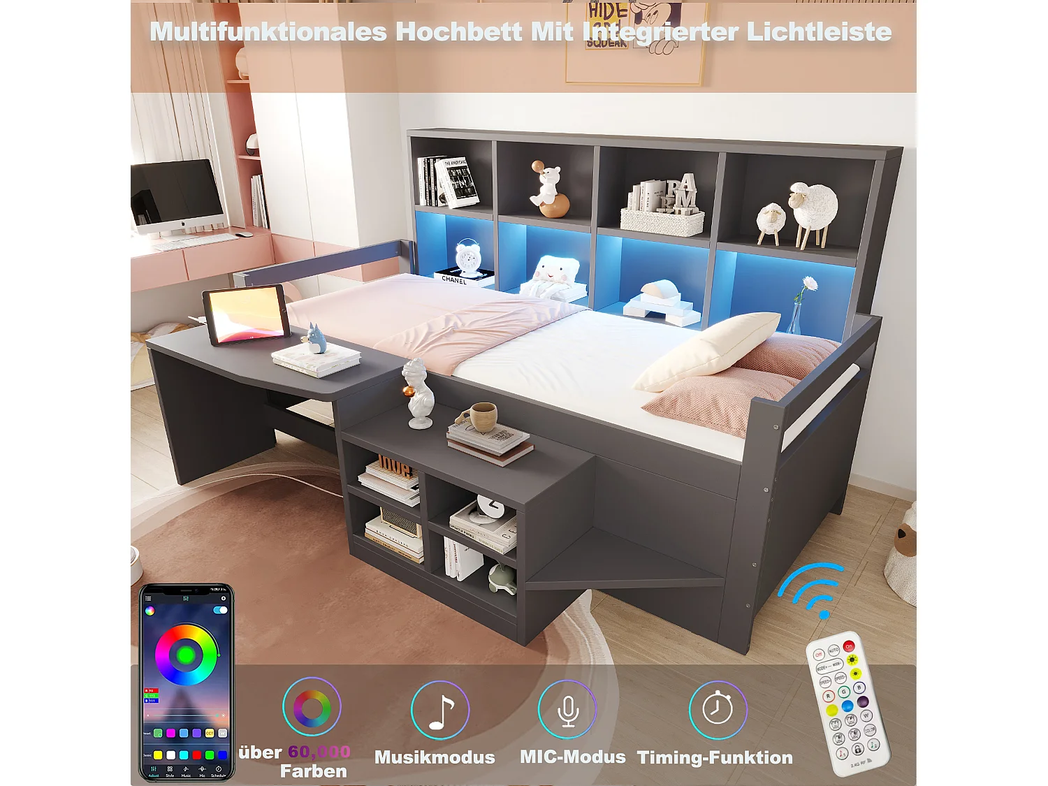 Letto multifunzionale 90 x 200 cm con scrivania, contenitore, LED, USB e presa elettrica – Pino/MDF – Grigio (Materasso non incluso)