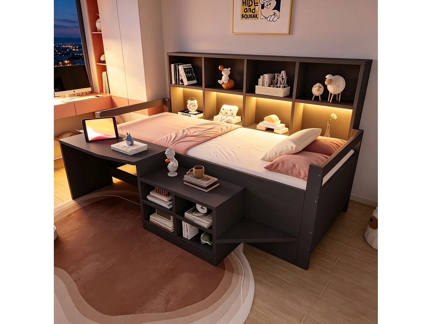Letto multifunzionale 90 x 200 cm con scrivania, contenitore, LED, USB e presa elettrica – Pino/MDF – Grigio (Materasso non incluso)