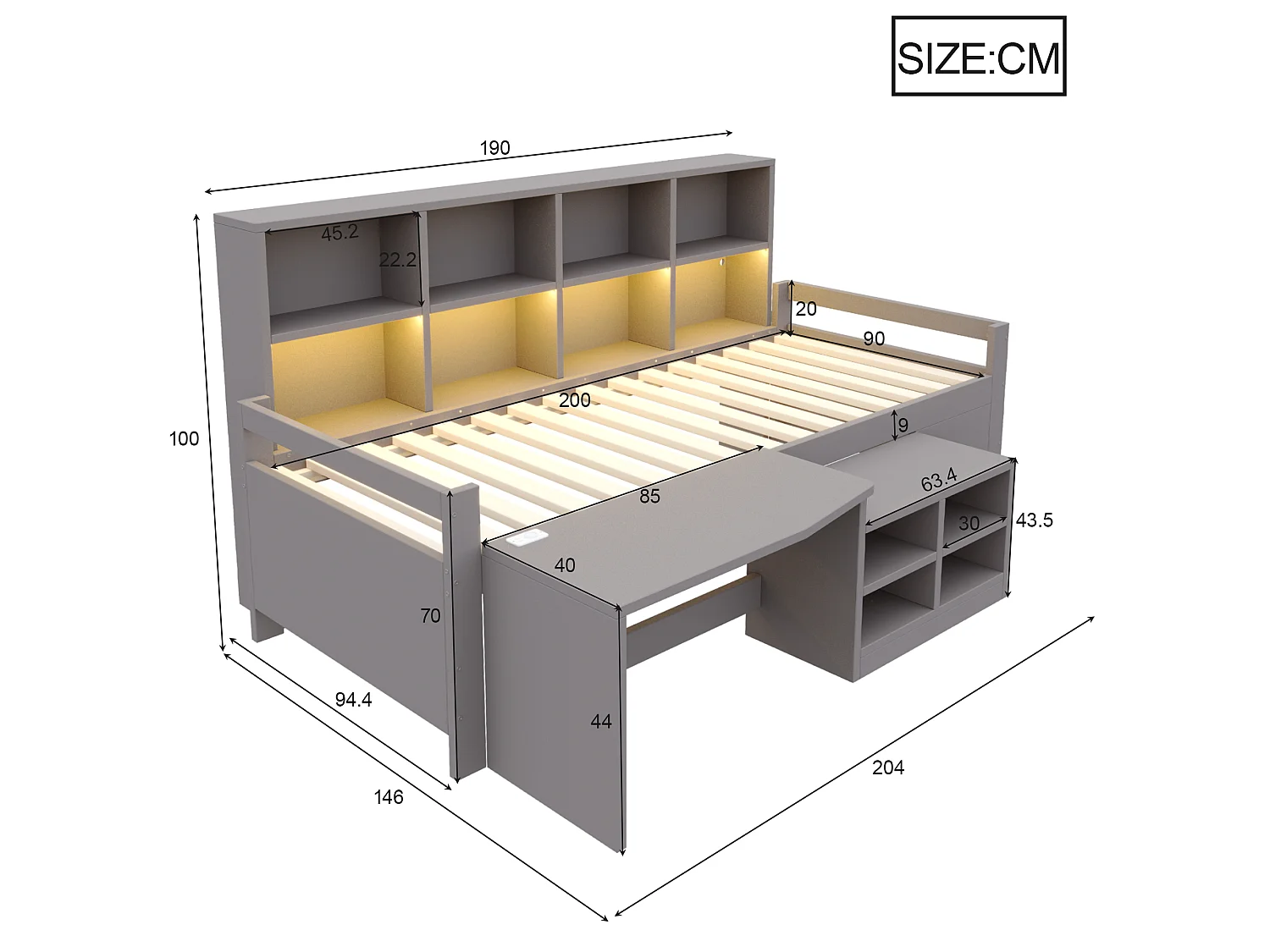 Letto multifunzionale 90 x 200 cm con scrivania, contenitore, LED, USB e presa elettrica – Pino/MDF – Grigio (Materasso non incluso)