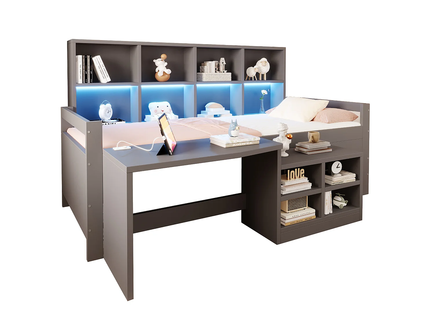 Letto multifunzionale 90 x 200 cm con scrivania, contenitore, LED, USB e presa elettrica – Pino/MDF – Grigio (Materasso non incluso)