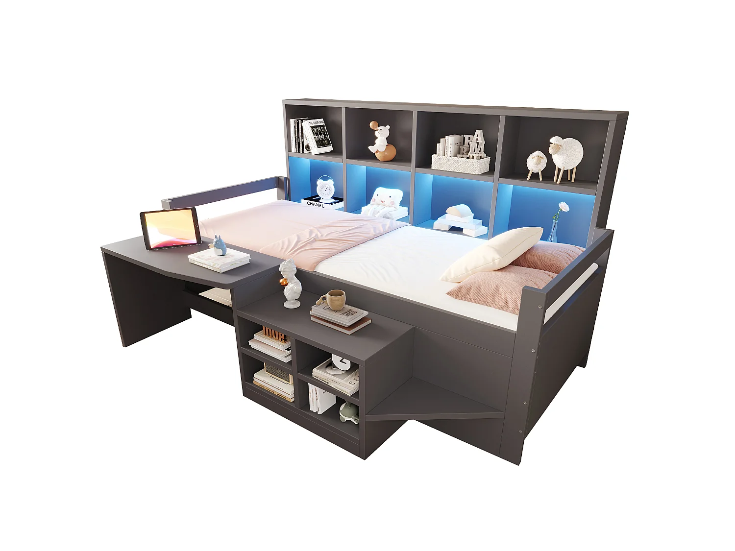 Letto multifunzionale 90 x 200 cm con scrivania, contenitore, LED, USB e presa elettrica – Pino/MDF – Grigio (Materasso non incluso)