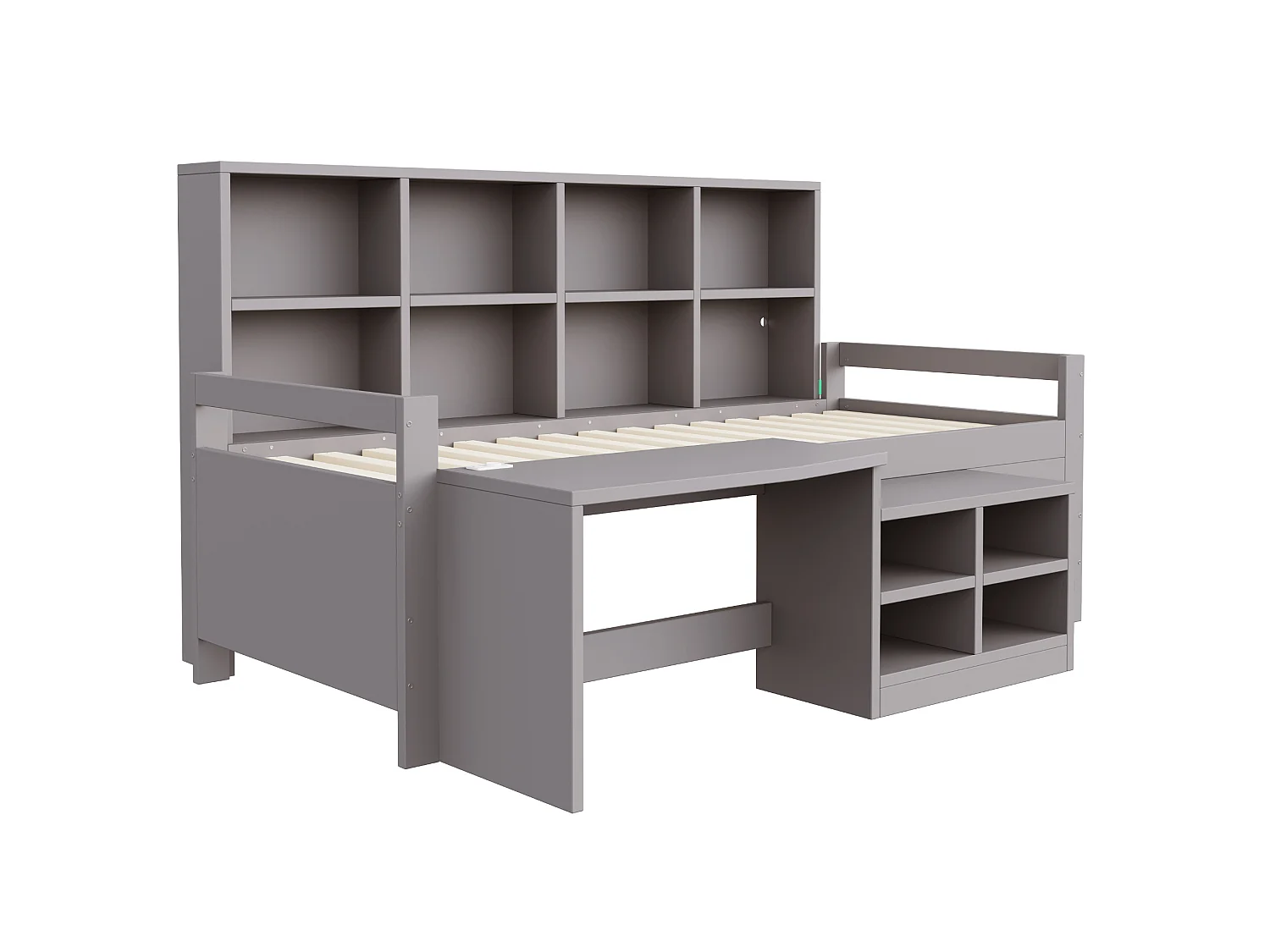 Letto multifunzionale 90 x 200 cm con scrivania, contenitore, LED, USB e presa elettrica – Pino/MDF – Grigio (Materasso non incluso)