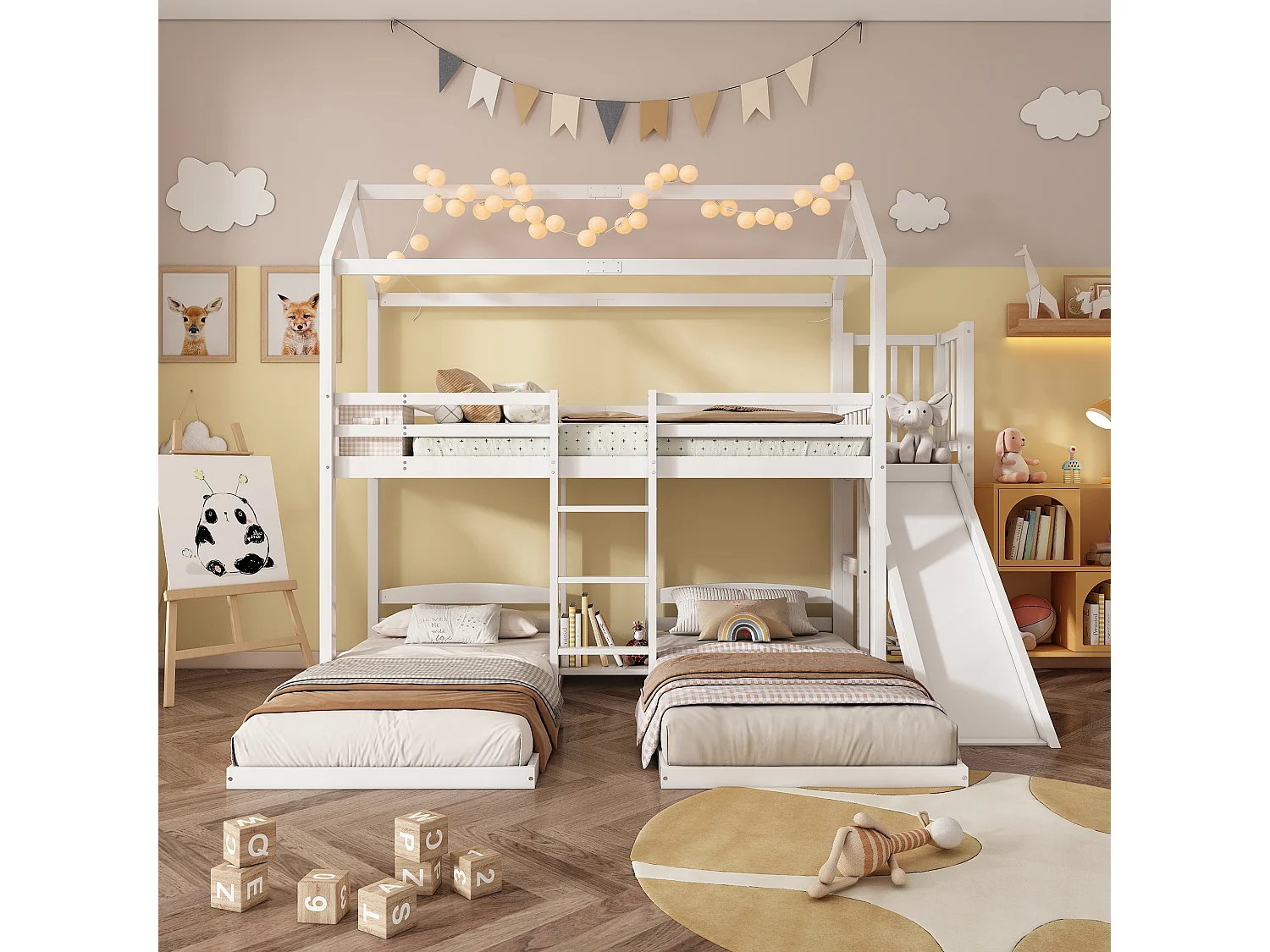 Dreisitzer-Etagenbett (90 x 200 cm) mit Rutsche und Dach - Kiefer + MDF - für Kinder - Weiß (Matratze nicht enthalten)