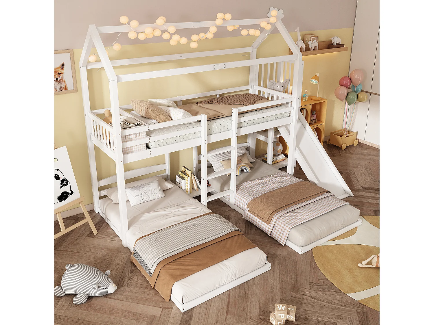 Dreisitzer-Etagenbett (90 x 200 cm) mit Rutsche und Dach - Kiefer + MDF - für Kinder - Weiß (Matratze nicht enthalten)