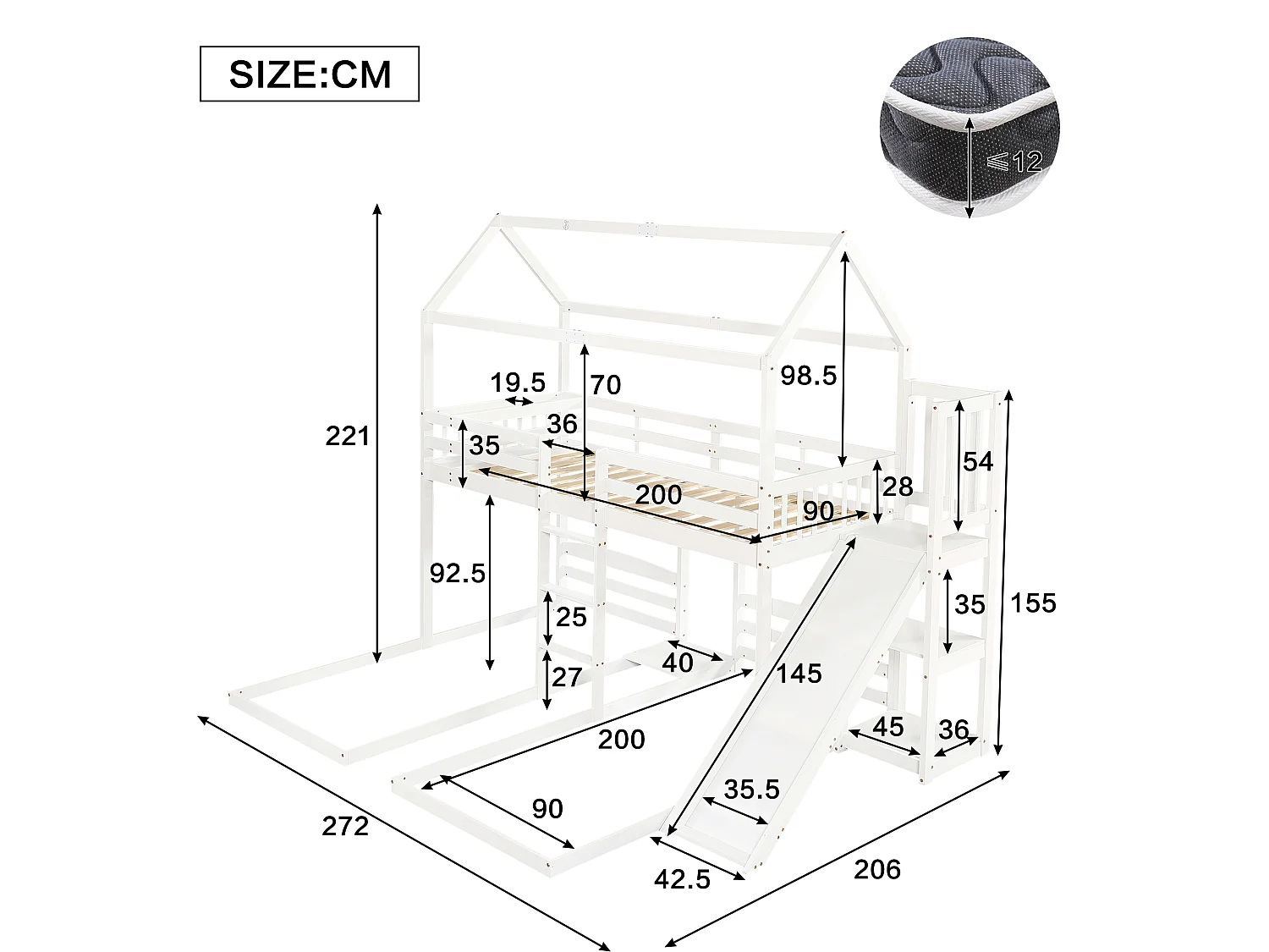 Dreisitzer-Etagenbett (90 x 200 cm) mit Rutsche und Dach - Kiefer + MDF - für Kinder - Weiß (Matratze nicht enthalten)