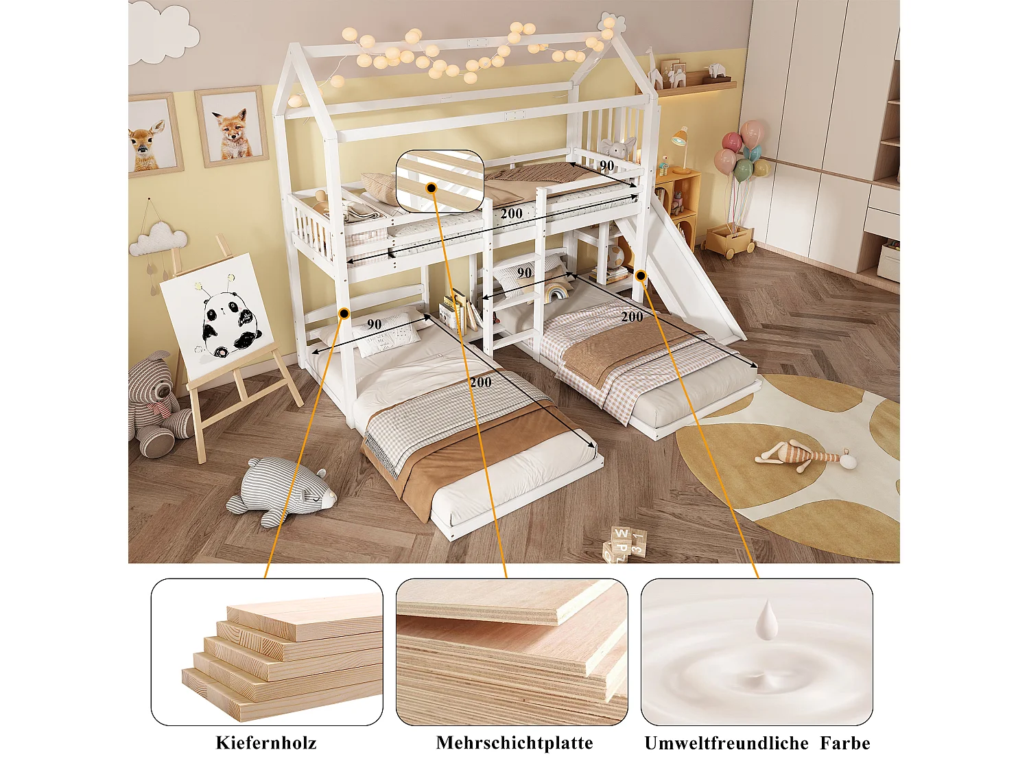 Dreisitzer-Etagenbett (90 x 200 cm) mit Rutsche und Dach - Kiefer + MDF - für Kinder - Weiß (Matratze nicht enthalten)