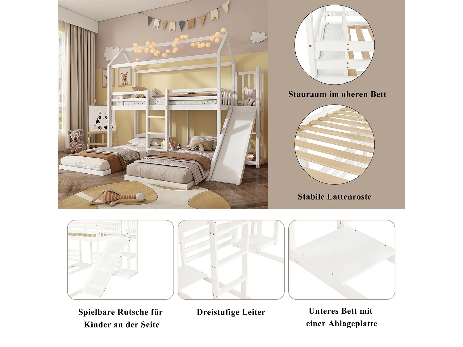 Dreisitzer-Etagenbett (90 x 200 cm) mit Rutsche und Dach - Kiefer + MDF - für Kinder - Weiß (Matratze nicht enthalten)