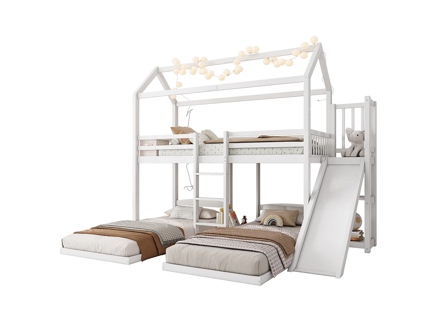 Dreisitzer-Etagenbett (90 x 200 cm) mit Rutsche und Dach - Kiefer + MDF - für Kinder - Weiß (Matratze nicht enthalten)