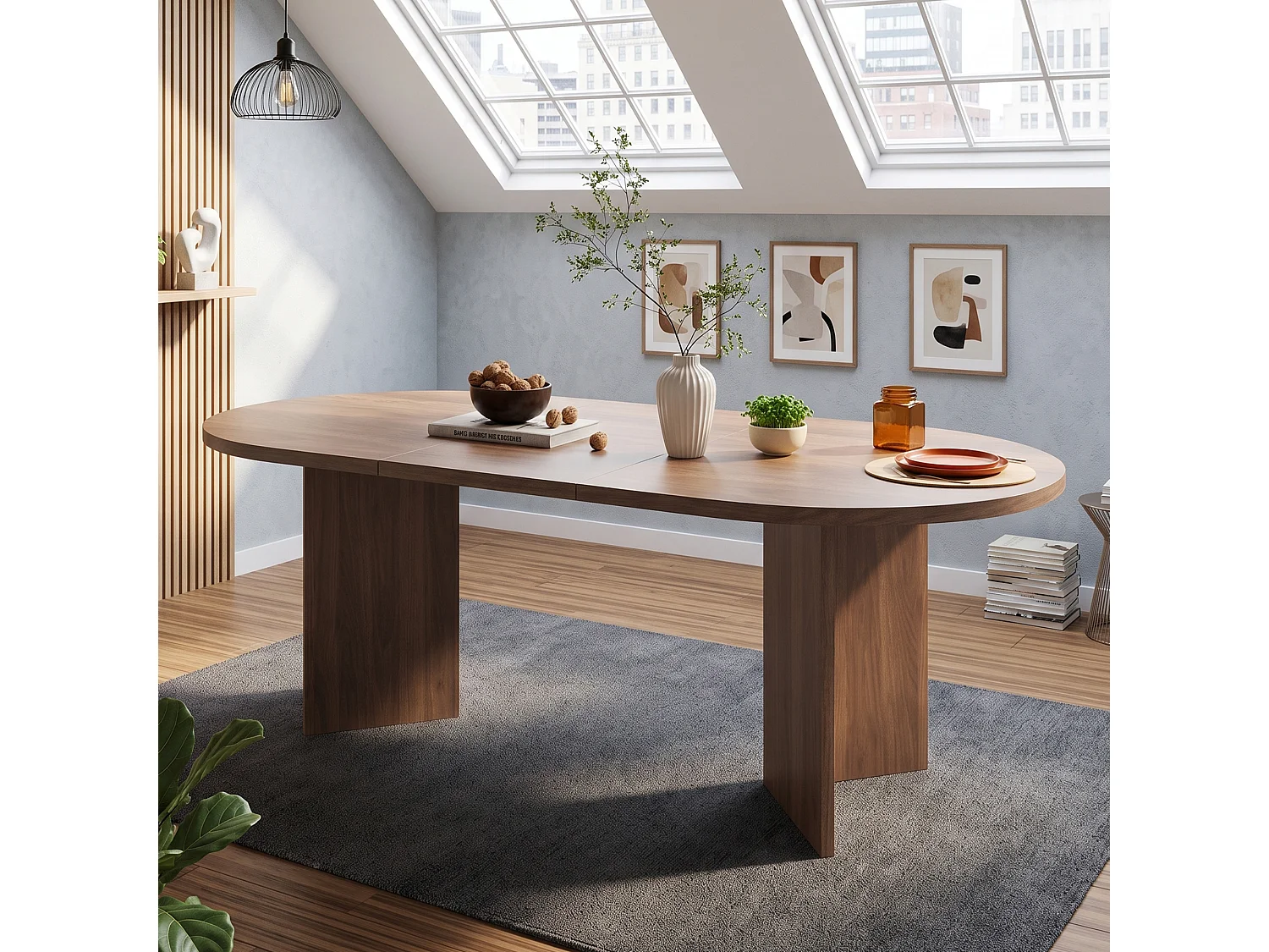 Table à manger ovale 4-6 personnes avec plateau épais et coins arrondis - MDF - 160 x 80 x 75 cm - Noyer