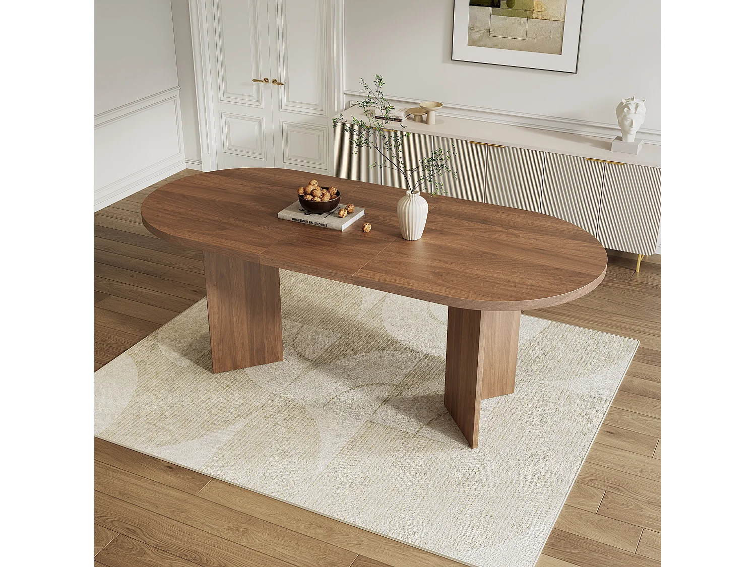 Table à manger ovale 4-6 personnes avec plateau épais et coins arrondis - MDF - 160 x 80 x 75 cm - Noyer