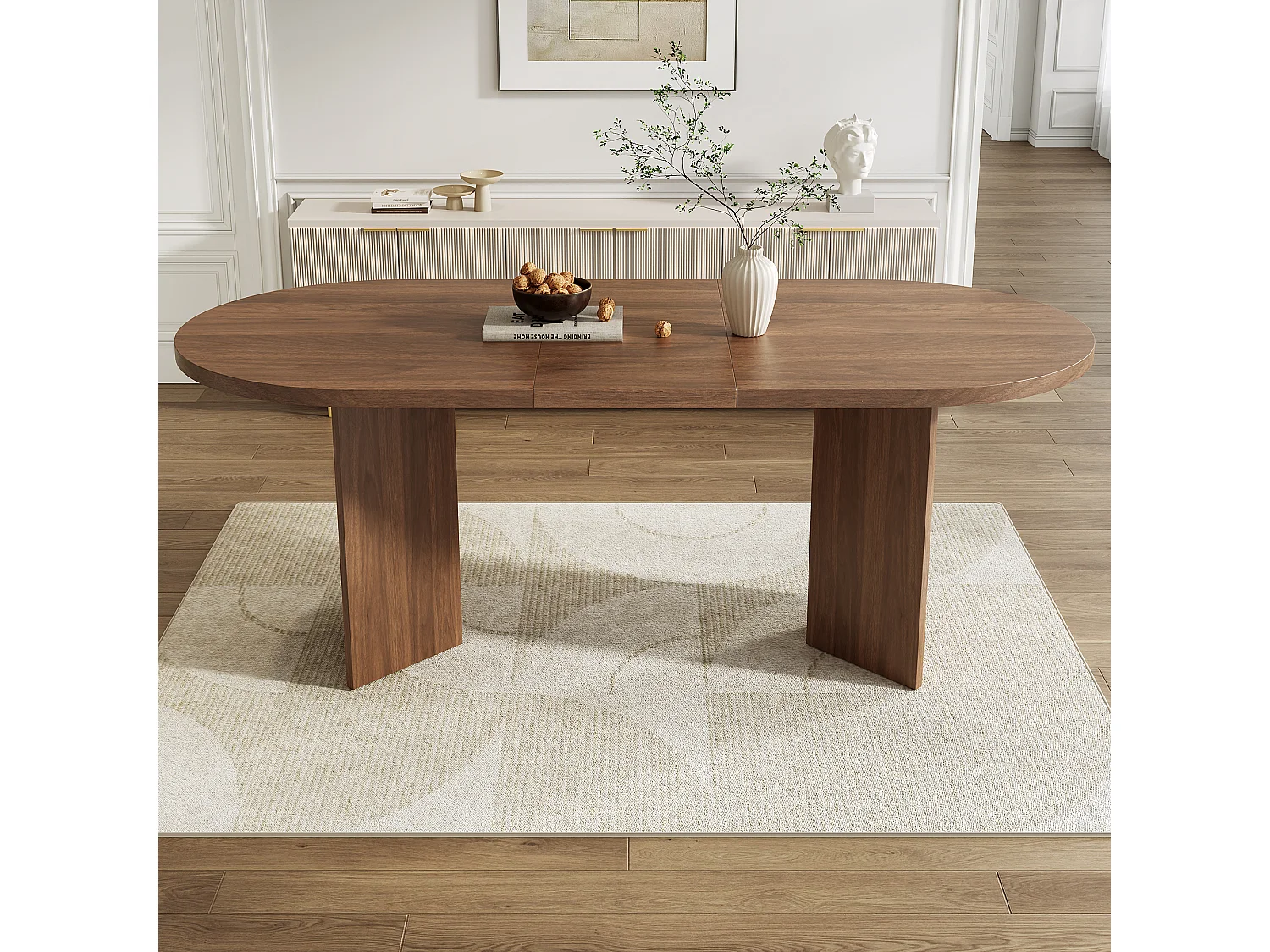 Table à manger ovale 4-6 personnes avec plateau épais et coins arrondis - MDF - 160 x 80 x 75 cm - Noyer