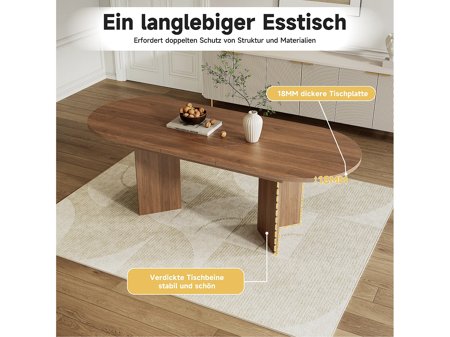 Table à manger ovale 4-6 personnes avec plateau épais et coins arrondis - MDF - 160 x 80 x 75 cm - Noyer
