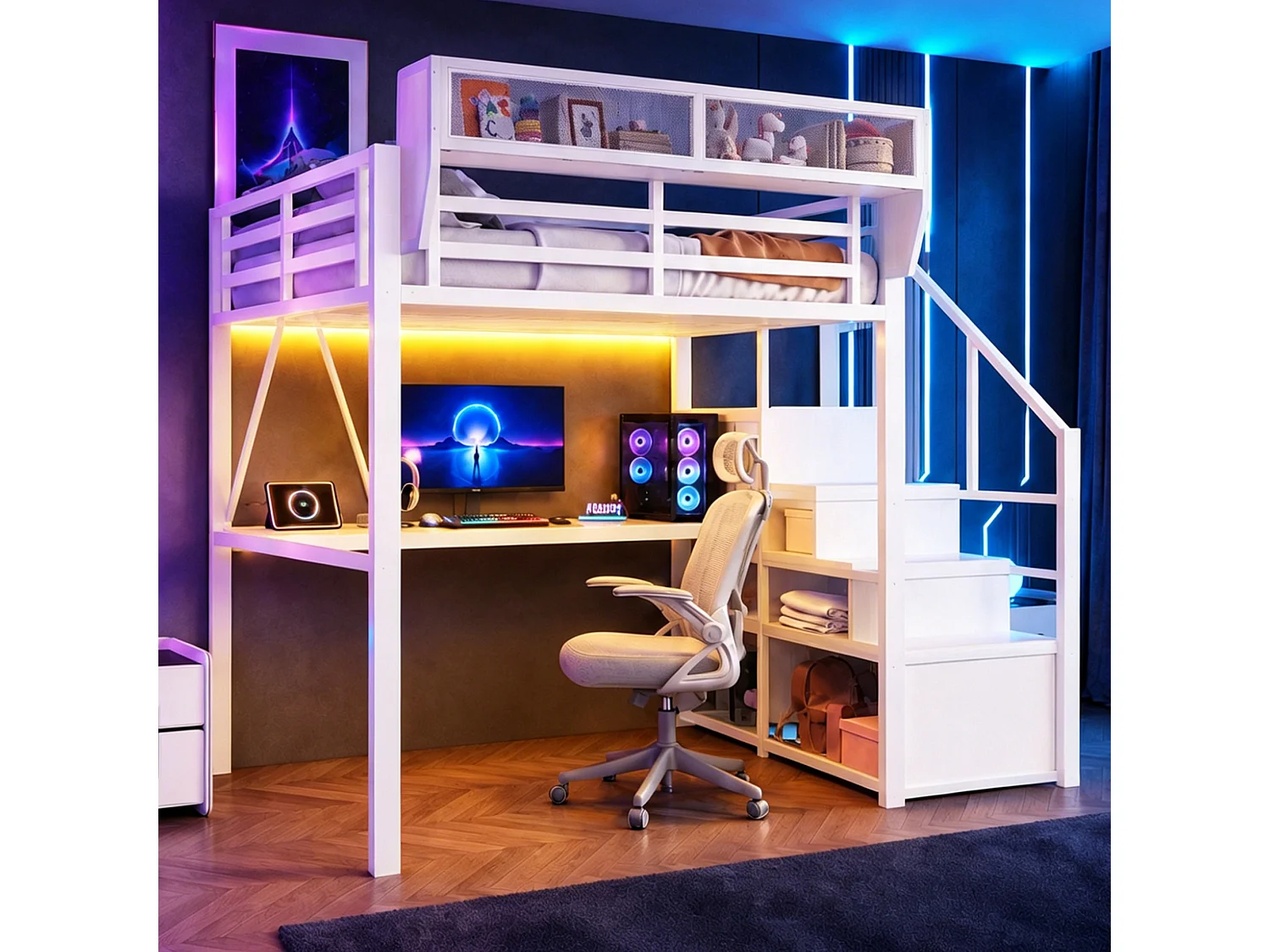 Lit mezzanine 140 x 200 cm avec bureau 2 m, étagères, LED et prises électriques - Métal + MDF - Blanc (Sans matelas)