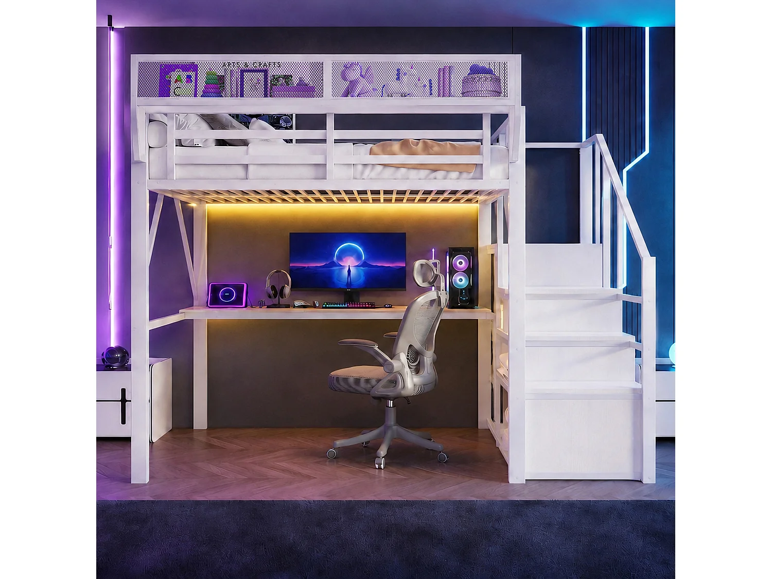 Lit mezzanine 140 x 200 cm avec bureau 2 m, étagères, LED et prises électriques - Métal + MDF - Blanc (Sans matelas)