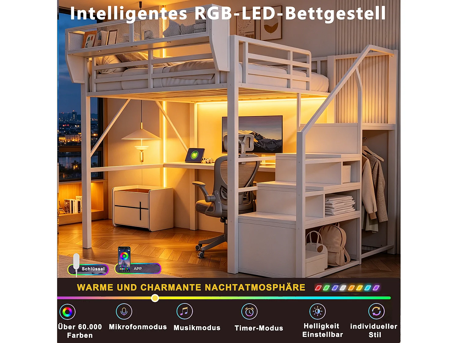 Lit mezzanine 140 x 200 cm avec bureau 2 m, étagères, LED et prises électriques - Métal + MDF - Blanc (Sans matelas)