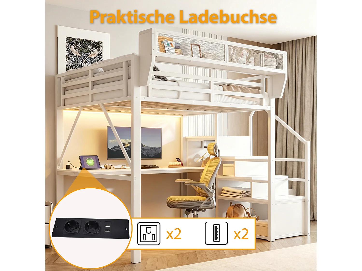 Lit mezzanine 140 x 200 cm avec bureau 2 m, étagères, LED et prises électriques - Métal + MDF - Blanc (Sans matelas)