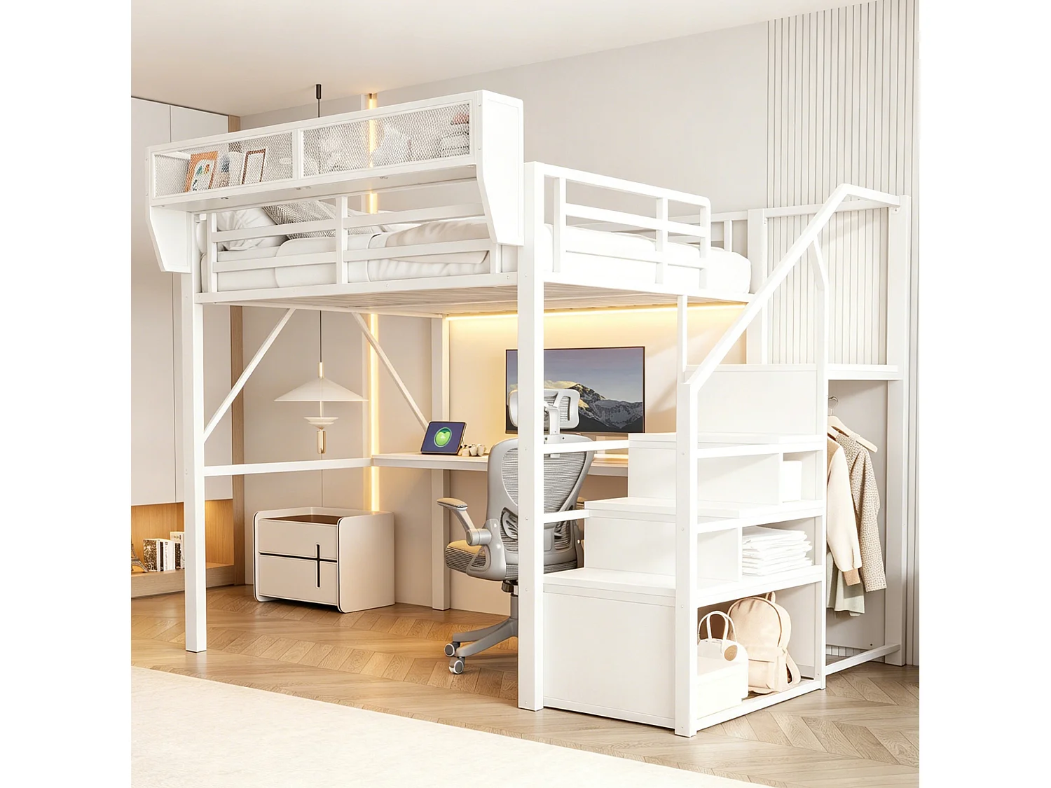 Lit mezzanine 140 x 200 cm avec bureau 2 m, étagères, LED et prises électriques - Métal + MDF - Blanc (Sans matelas)