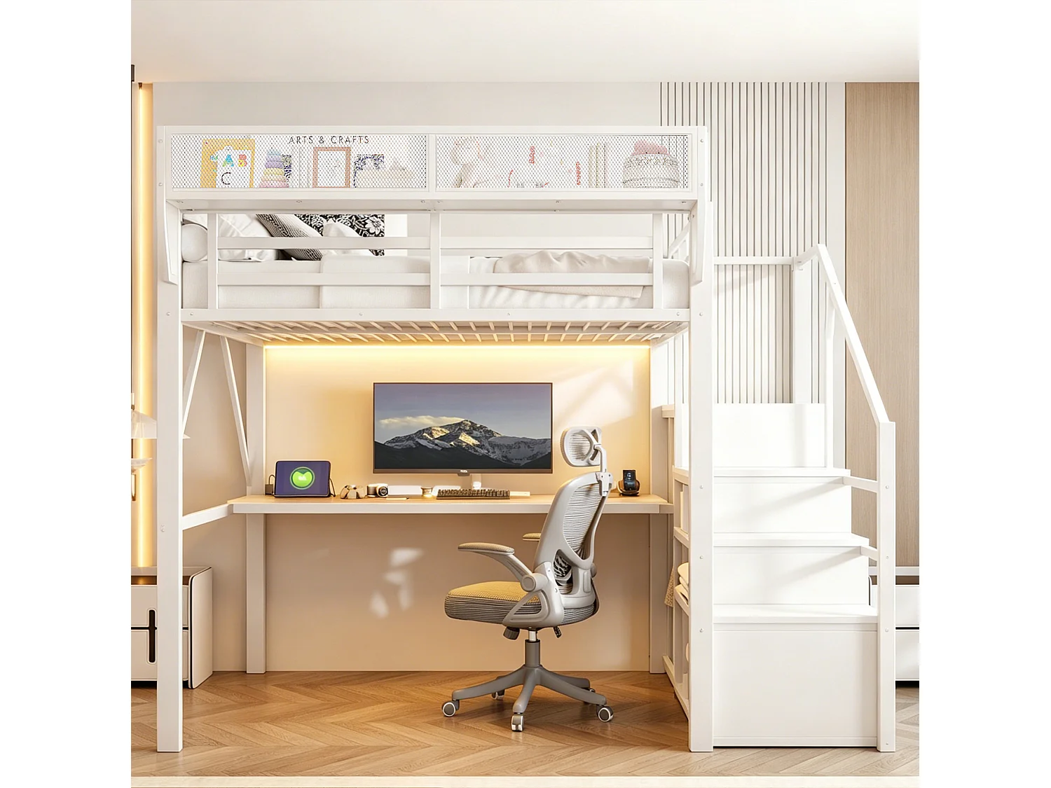 Lit mezzanine 140 x 200 cm avec bureau 2 m, étagères, LED et prises électriques - Métal + MDF - Blanc (Sans matelas)