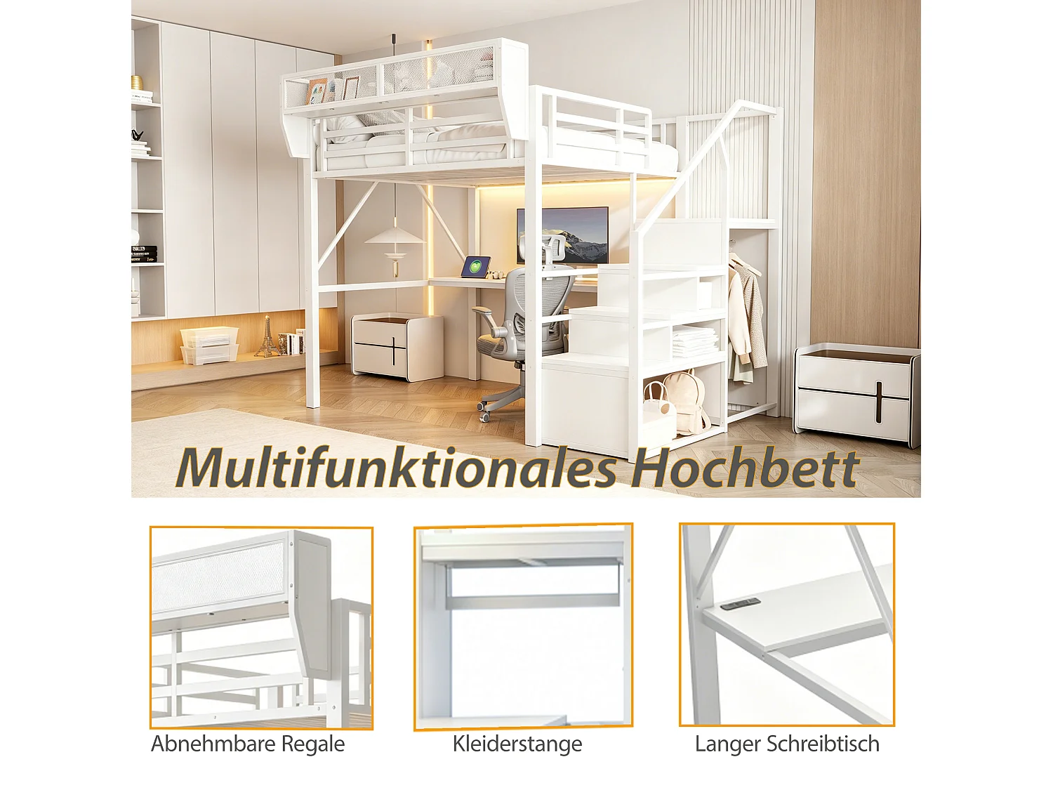 Lit mezzanine 140 x 200 cm avec bureau 2 m, étagères, LED et prises électriques - Métal + MDF - Blanc (Sans matelas)