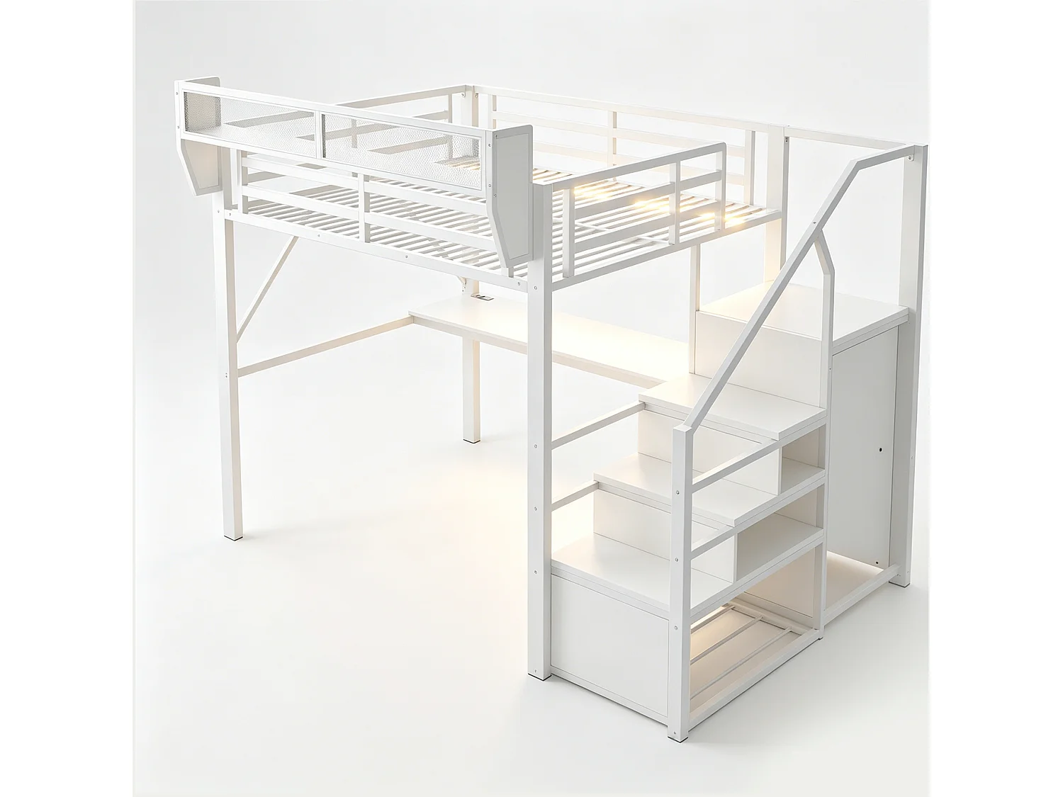 Lit mezzanine 140 x 200 cm avec bureau 2 m, étagères, LED et prises électriques - Métal + MDF - Blanc (Sans matelas)