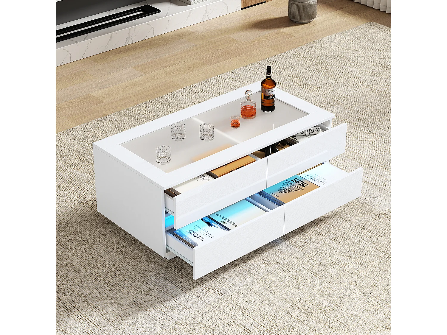 Tavolino da caffè con illuminazione LED frontale, 4 cassetti e piano in vetro temperato - Truciolato/vetro - 100 x 50 x 40 cm - Bianco