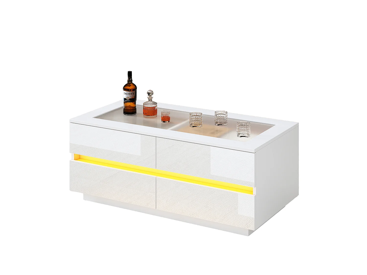 Tavolino da caffè con illuminazione LED frontale, 4 cassetti e piano in vetro temperato - Truciolato/vetro - 100 x 50 x 40 cm - Bianco