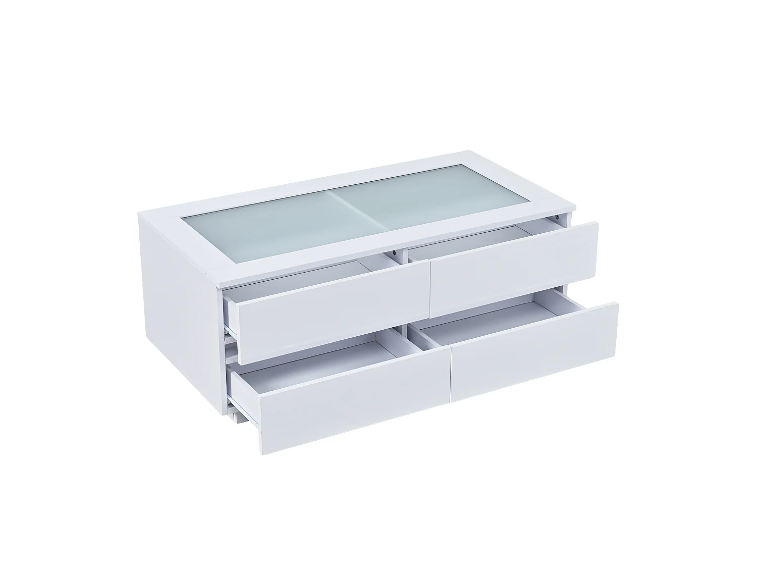Tavolino da caffè con illuminazione LED frontale, 4 cassetti e piano in vetro temperato - Truciolato/vetro - 100 x 50 x 40 cm - Bianco