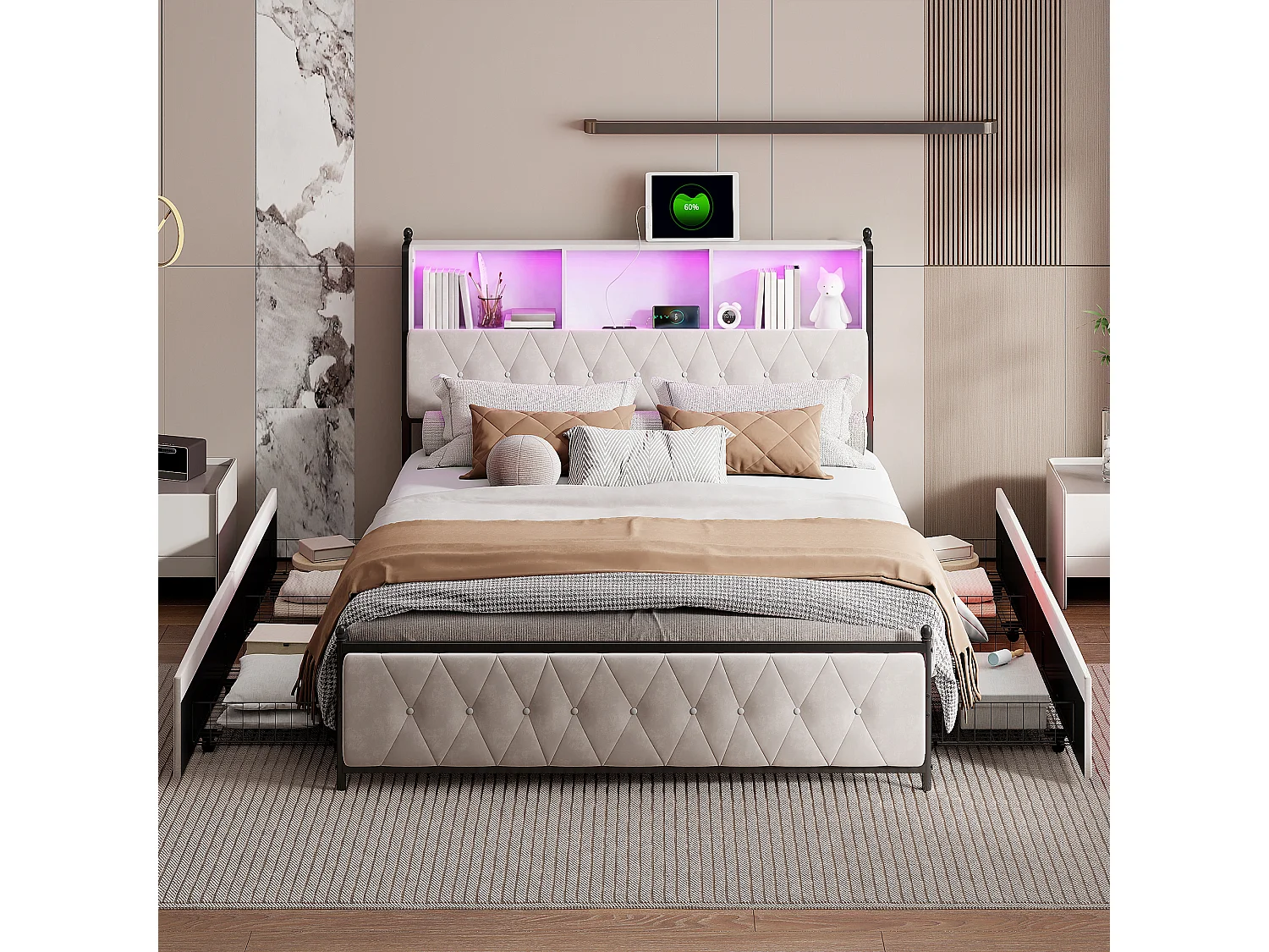 Cadre De Lit 180X200cm Avec 4 Tiroirs De Rangement,Éclairage LED, Espace De Stockage Intégré, Meuble De Chambre Moderne,Velours Beige